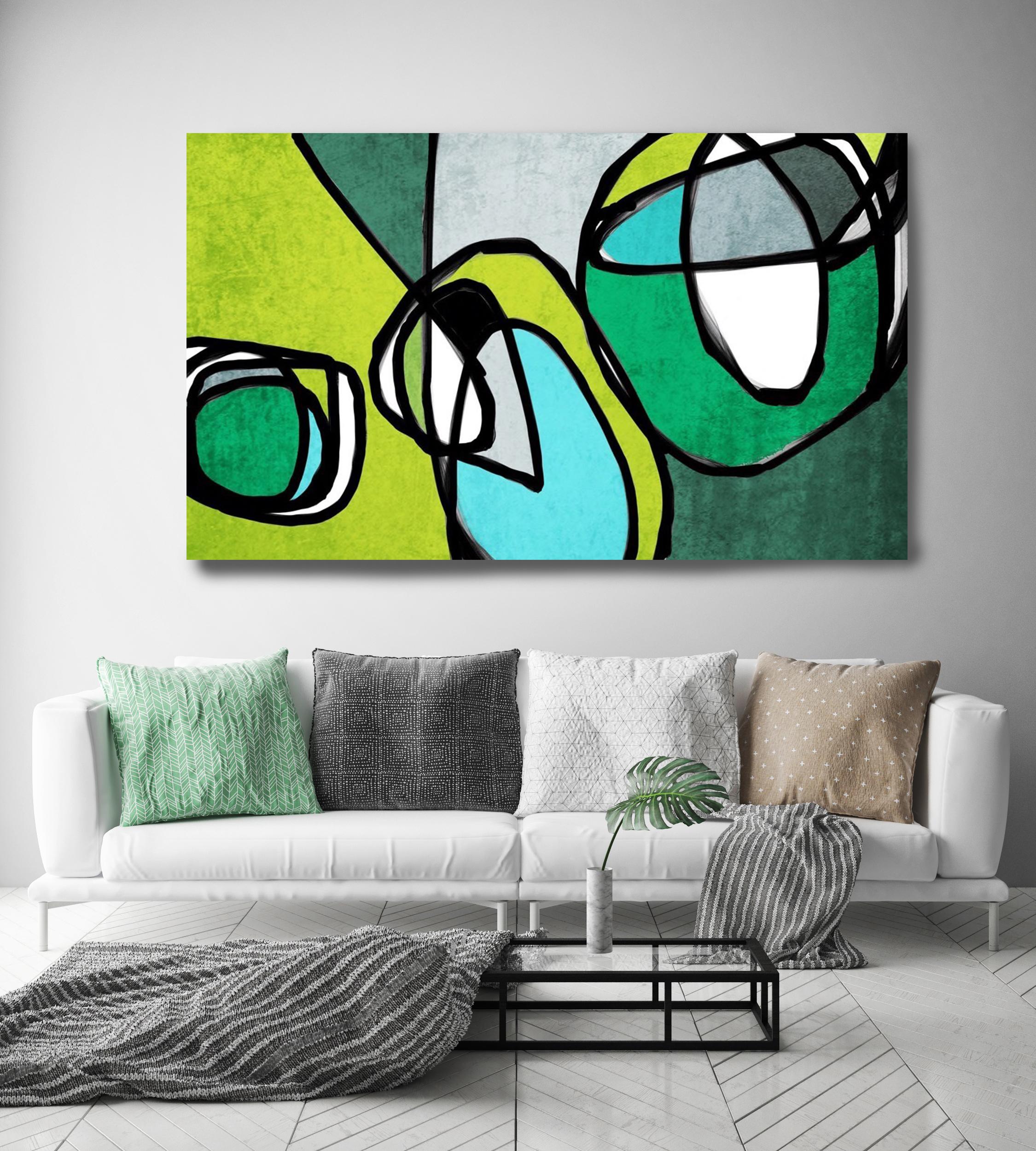 Pintura Moderna de Mediados de Siglo Aqua Verde sobre Lienzo 40x60