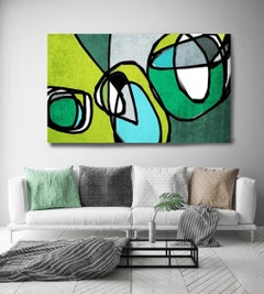 Mid Century Modern Painting Green Aqua on Canvas 40x60"