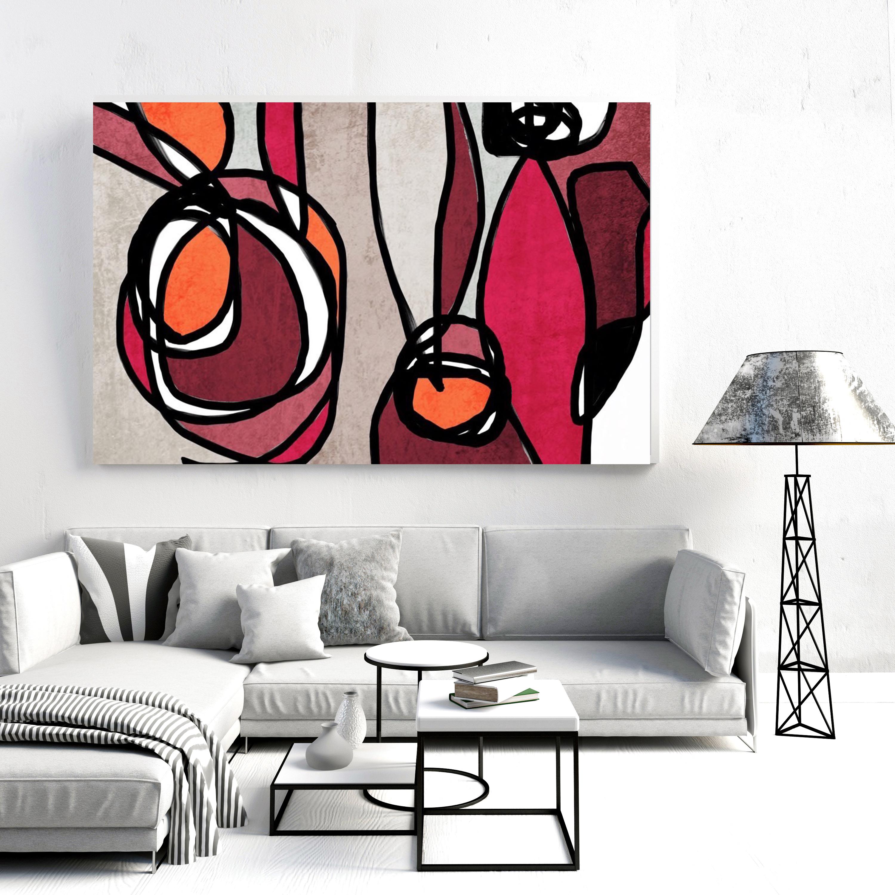 Vivid Red Mid Century Modern Painting Mixed Media on Canvas 40x60"