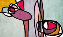 Mixed Media auf Leinwand, Mid-Century Modern, Petrol, Rosa und Gelb