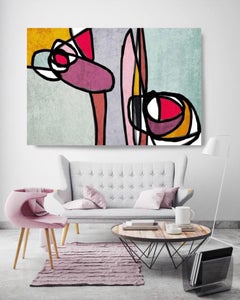 Mid Century Modern Teal Pink Yellow Mixed Media on Canvas