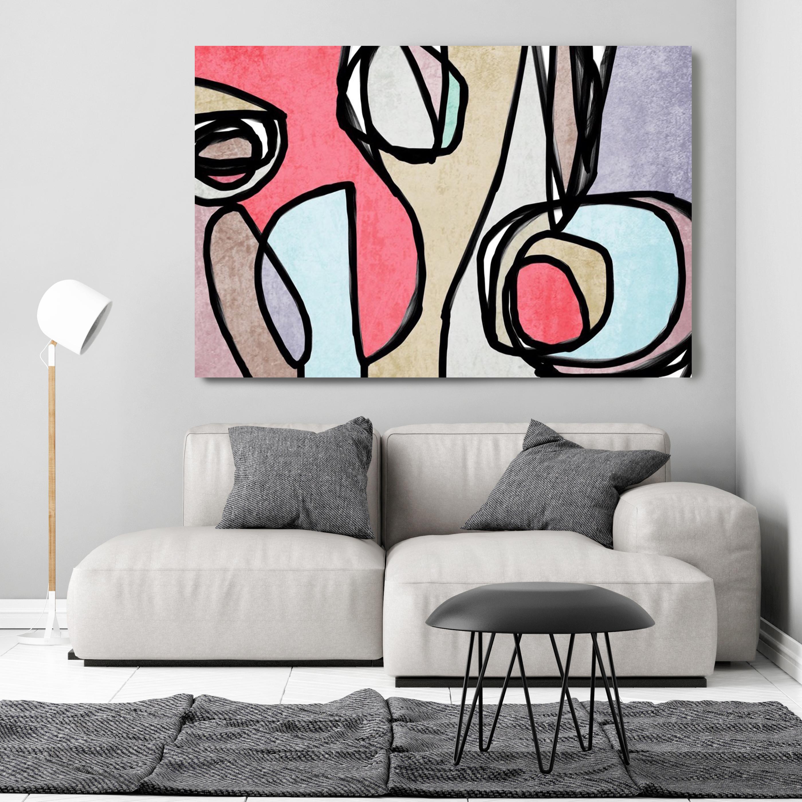 Light Blue Pink Mid Century Modern Painting Hand Embellished Giclee on Canvas - Beige Interior Painting by Irena Orlov