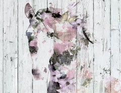 Pink White Horse Farmhouse Painting Hand Embellished Textured Giclee on Canvas 