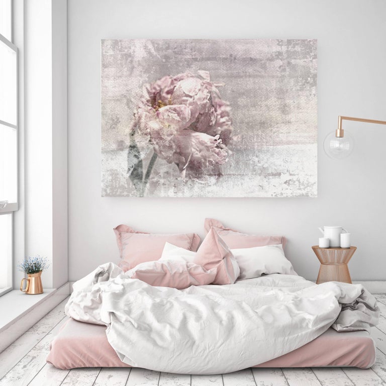 Romantic Peony Shabby Chic Pink Gray Mixed Medium on Canvas 36x48