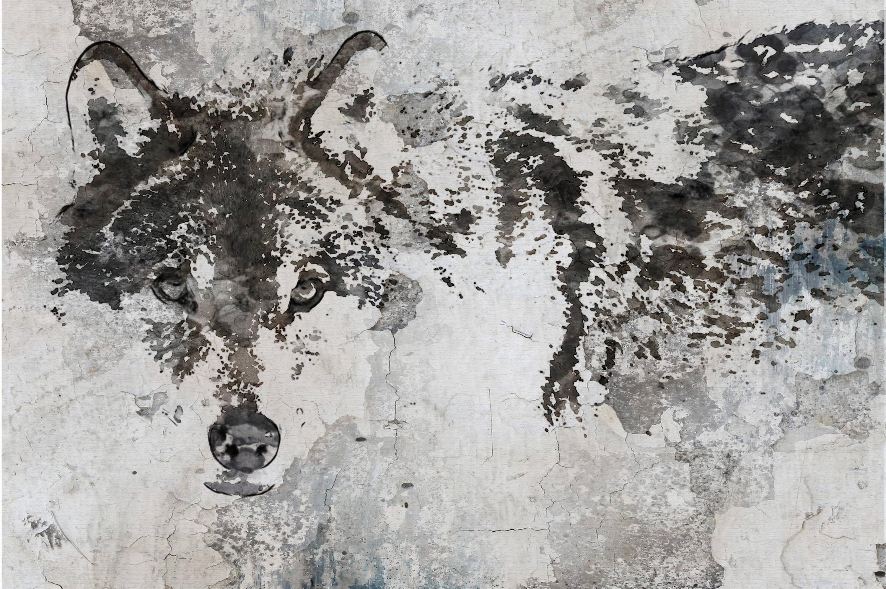 Wolf Rustic Painting Heavy Textured Mixed Media on Canvas 45x60" - Mixed Media Art by Irena Orlov