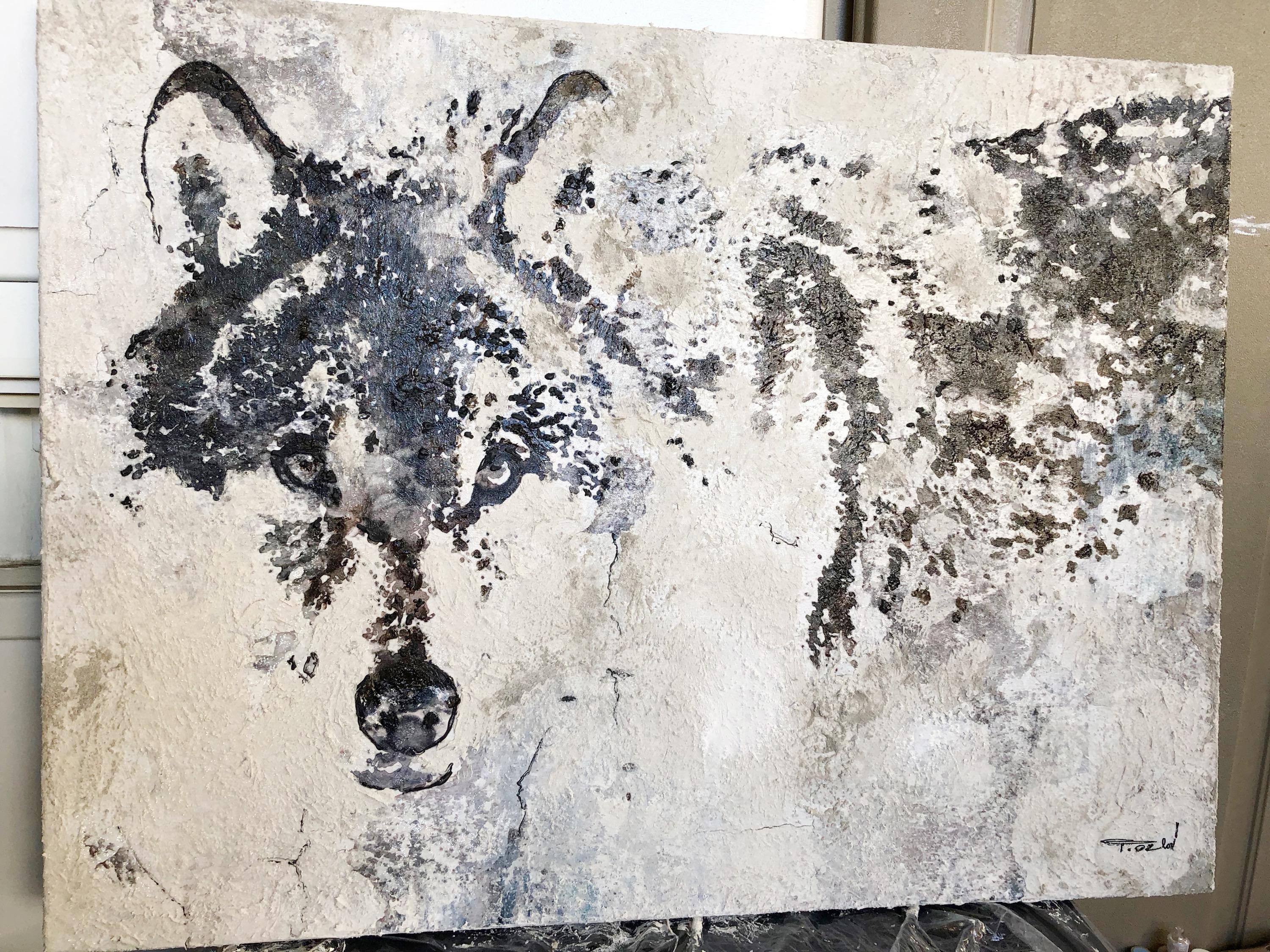 Wolf Rustic Painting Heavy Textured Mixed Media on Canvas 45x60