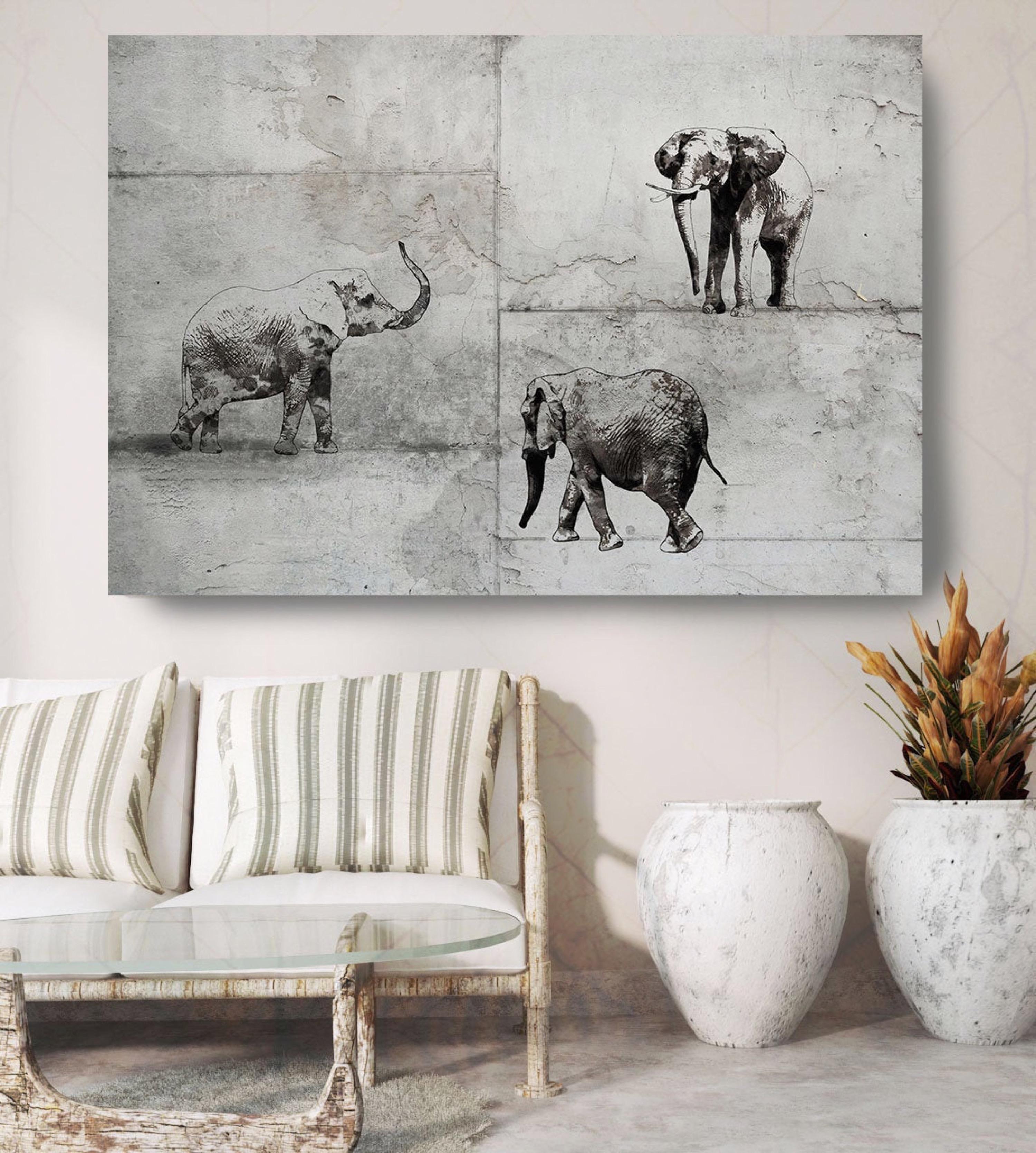 Elephant Rustic Grey Mixed Media Painting on Canvas 60 x 40" 