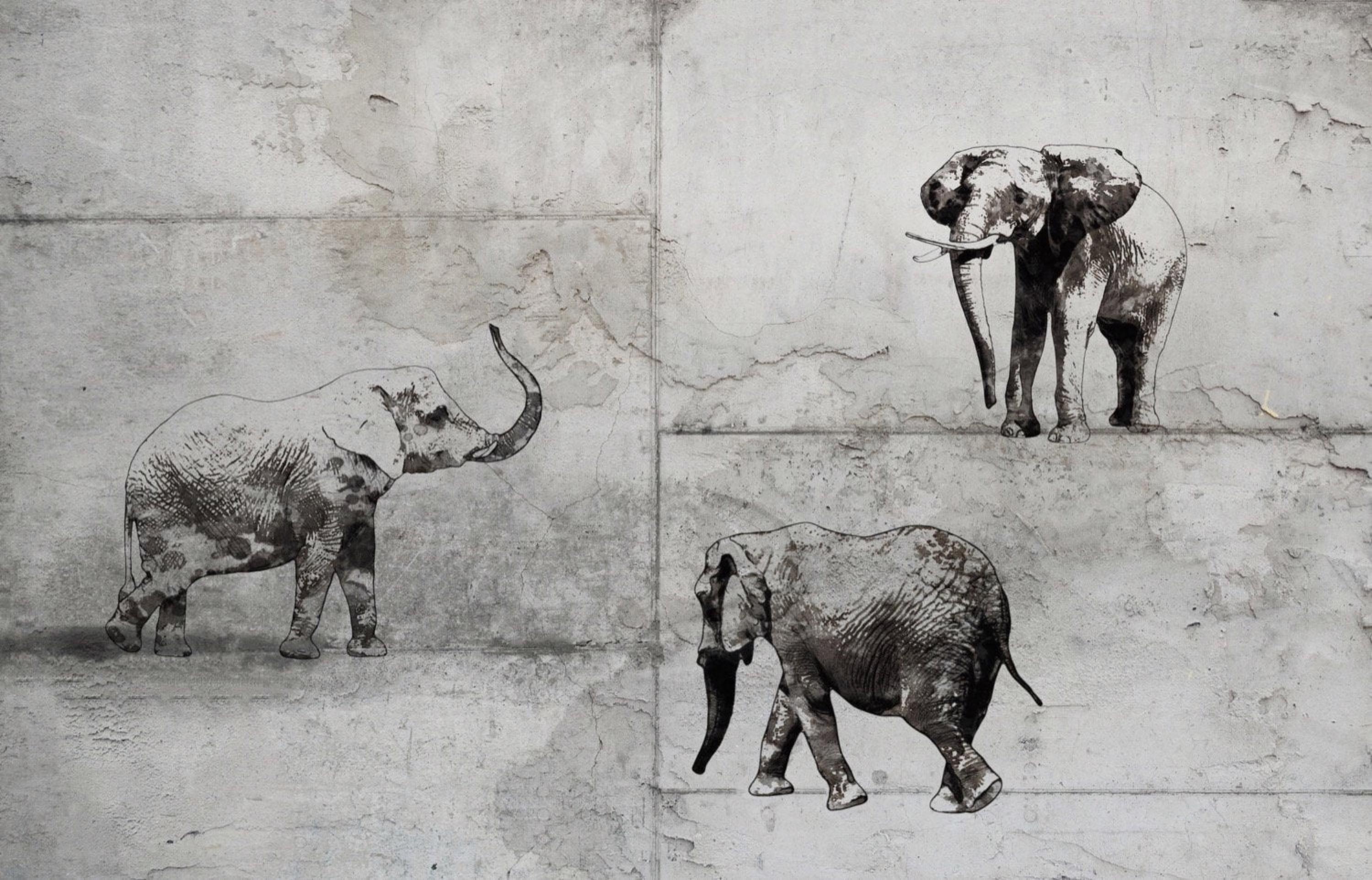 Peinture technique mixte grise rustique d'éléphant sur toile 152,4 x 101,6 cm  - Painting de Irena Orlov