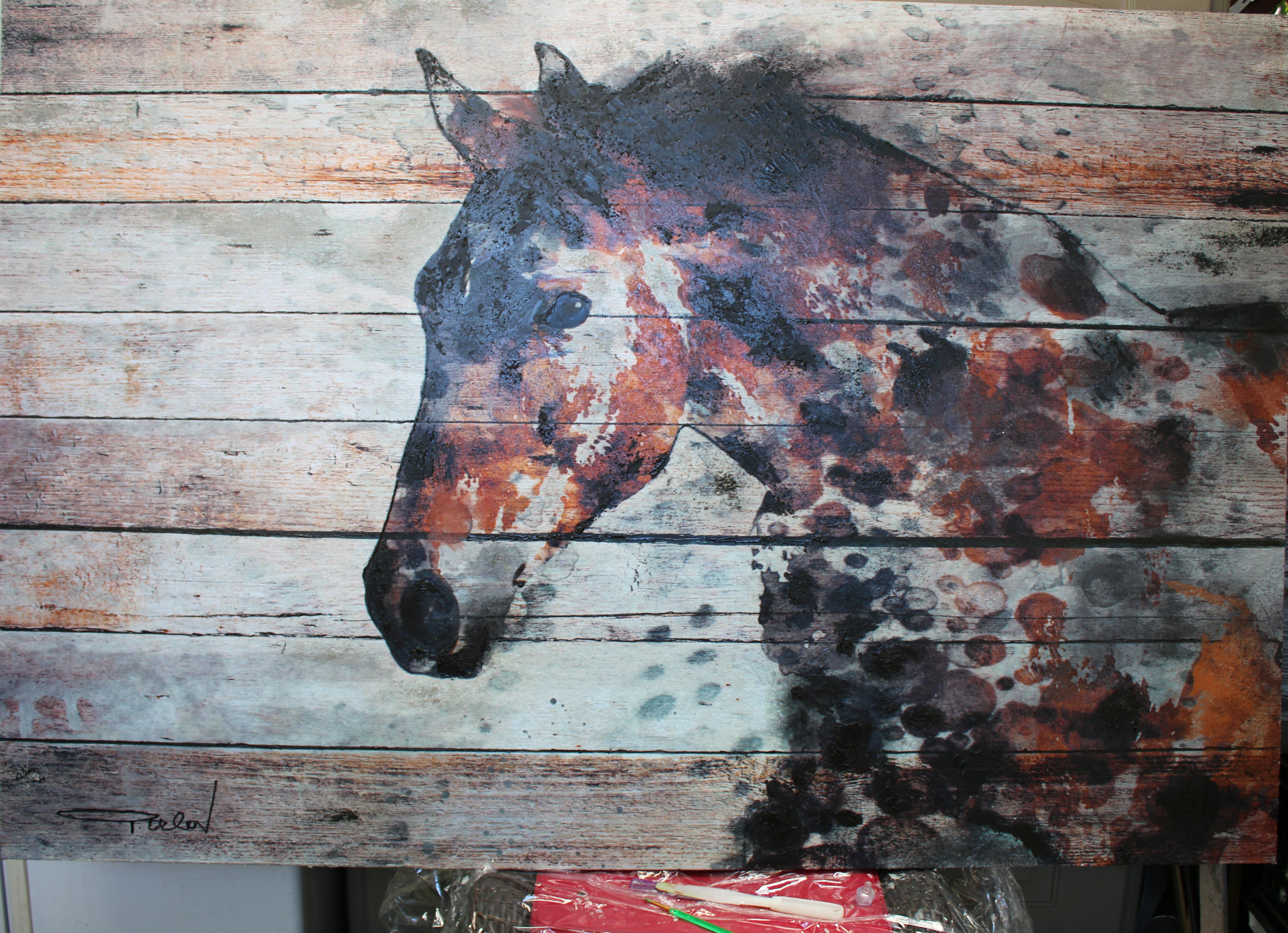 Fire Horse Brown Rustic Mixed Media Painting on Canvas 60 x 40