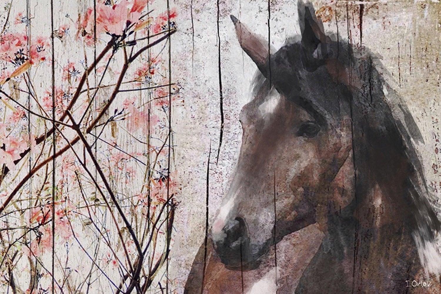 Horse Le Muse Brown Rustic Mixed Media on Canvas 60 x 40" - Mixed Media Art by Irena Orlov