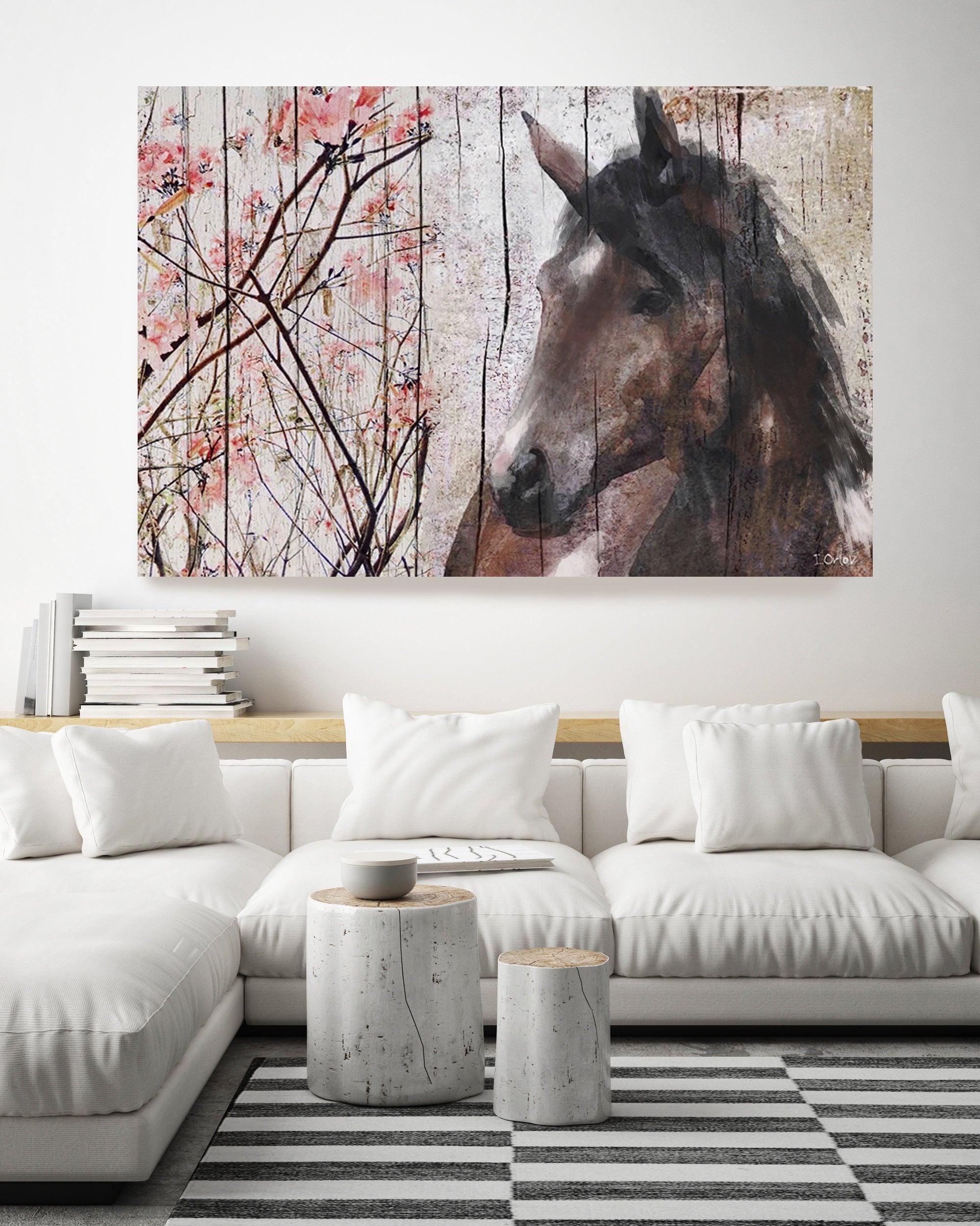Horse Le Muse Brown Rustic Mixed Media on Canvas 60 x 40