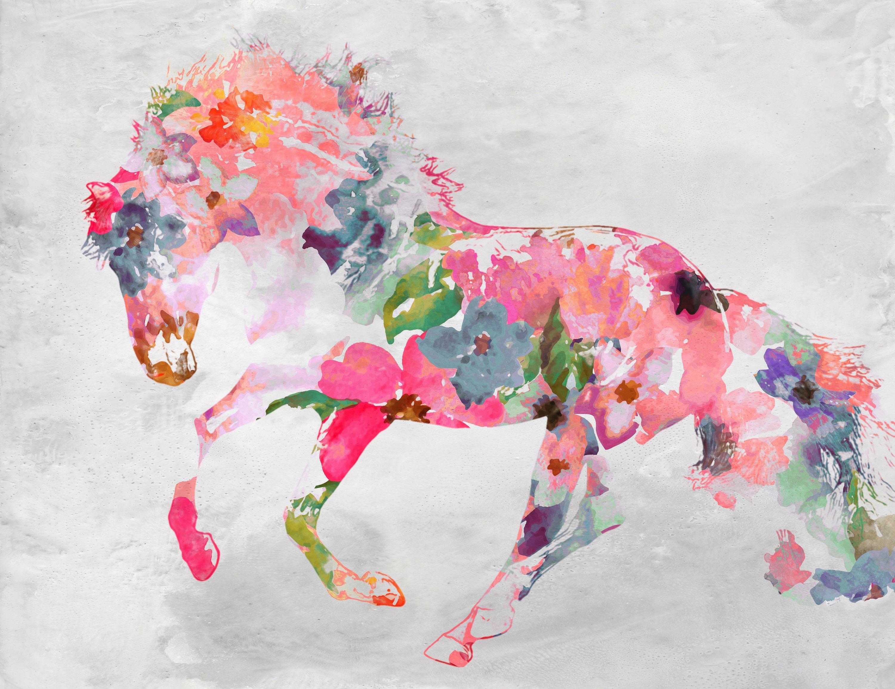 Schönes geblümtes Pferd BOHO Gemälde auf Leinwand 40x60" Reiterkunst – Mixed Media Art von Irena Orlov
