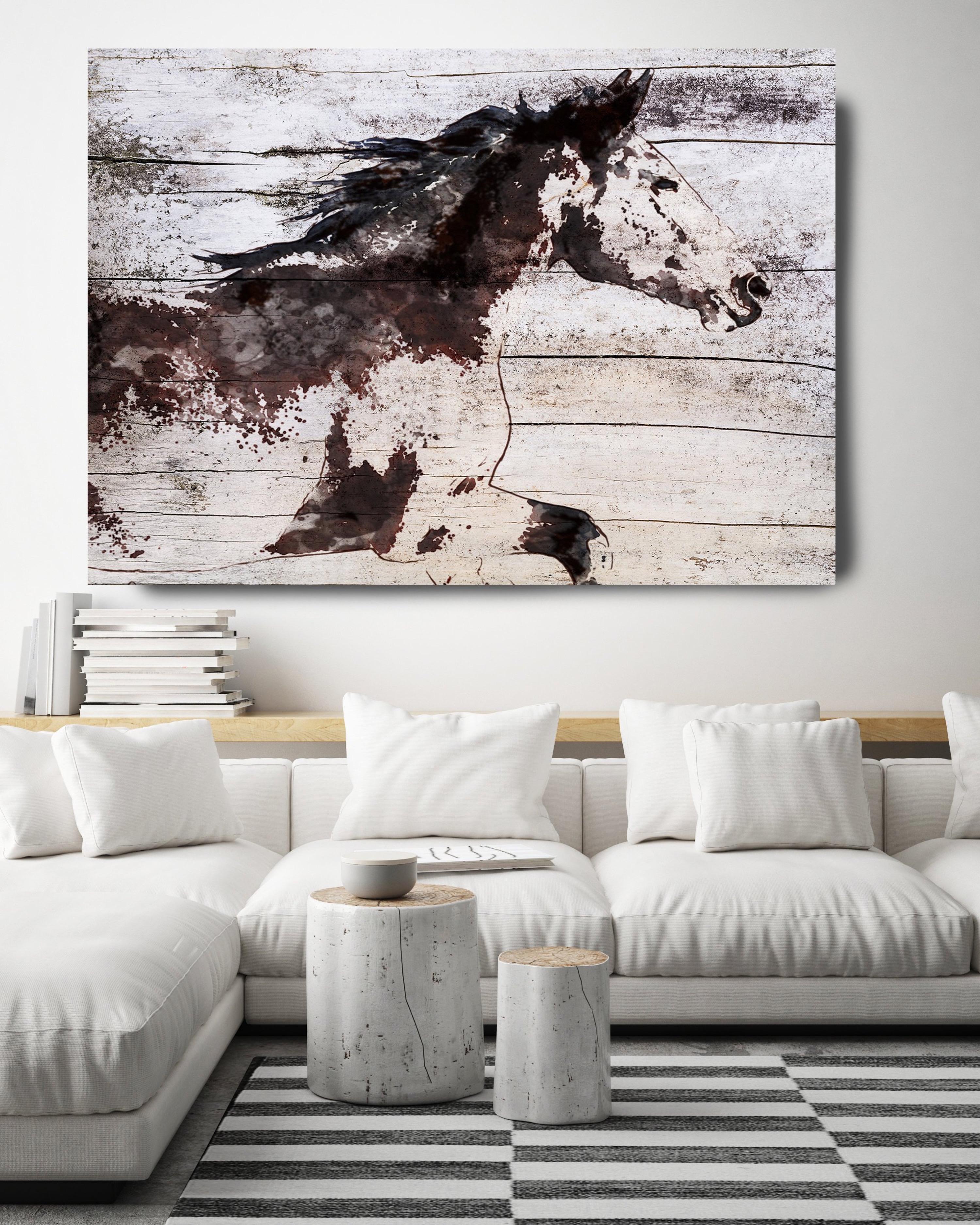 Wildes laufendes Pferd rustikale gemischte Medien Malerei Leinwand 38x56