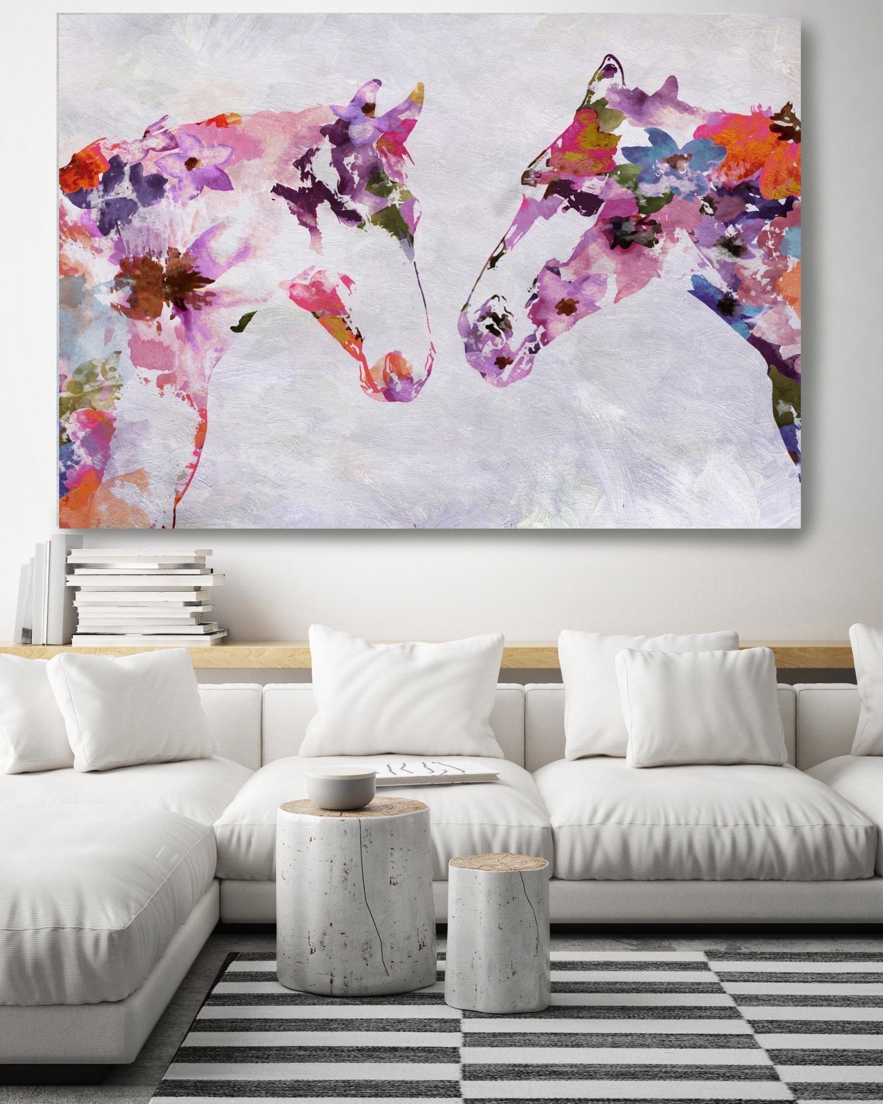 Two Loving Horses Bohemian Floral Fine Art Hand Embellished Giclee on Canvas - Mixed Media Art by Irena Orlov