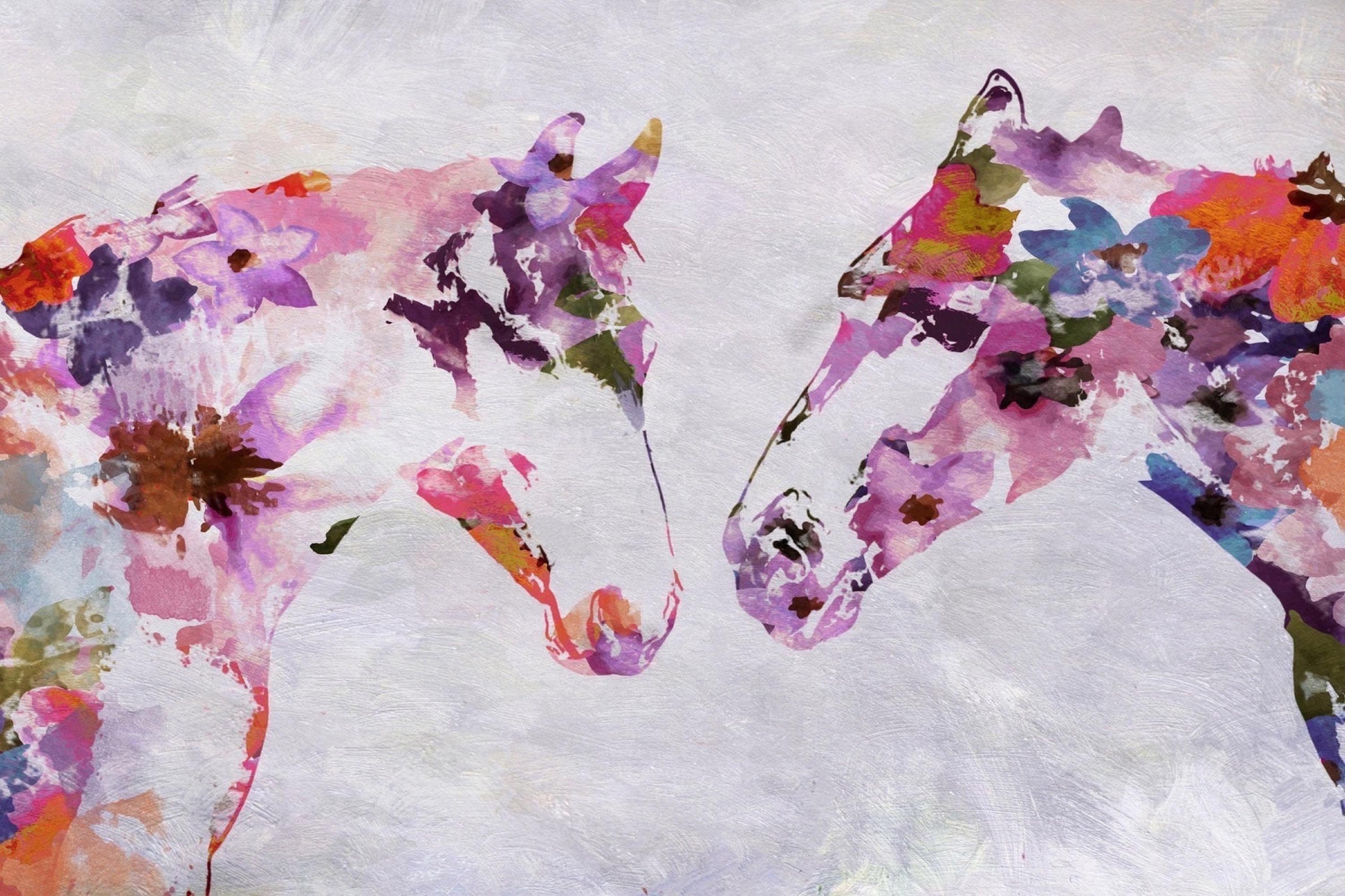 Two Loving Horses Bohemian Floral Fine Art Hand Embellished Giclee on Canvas - Contemporary Mixed Media Art by Irena Orlov