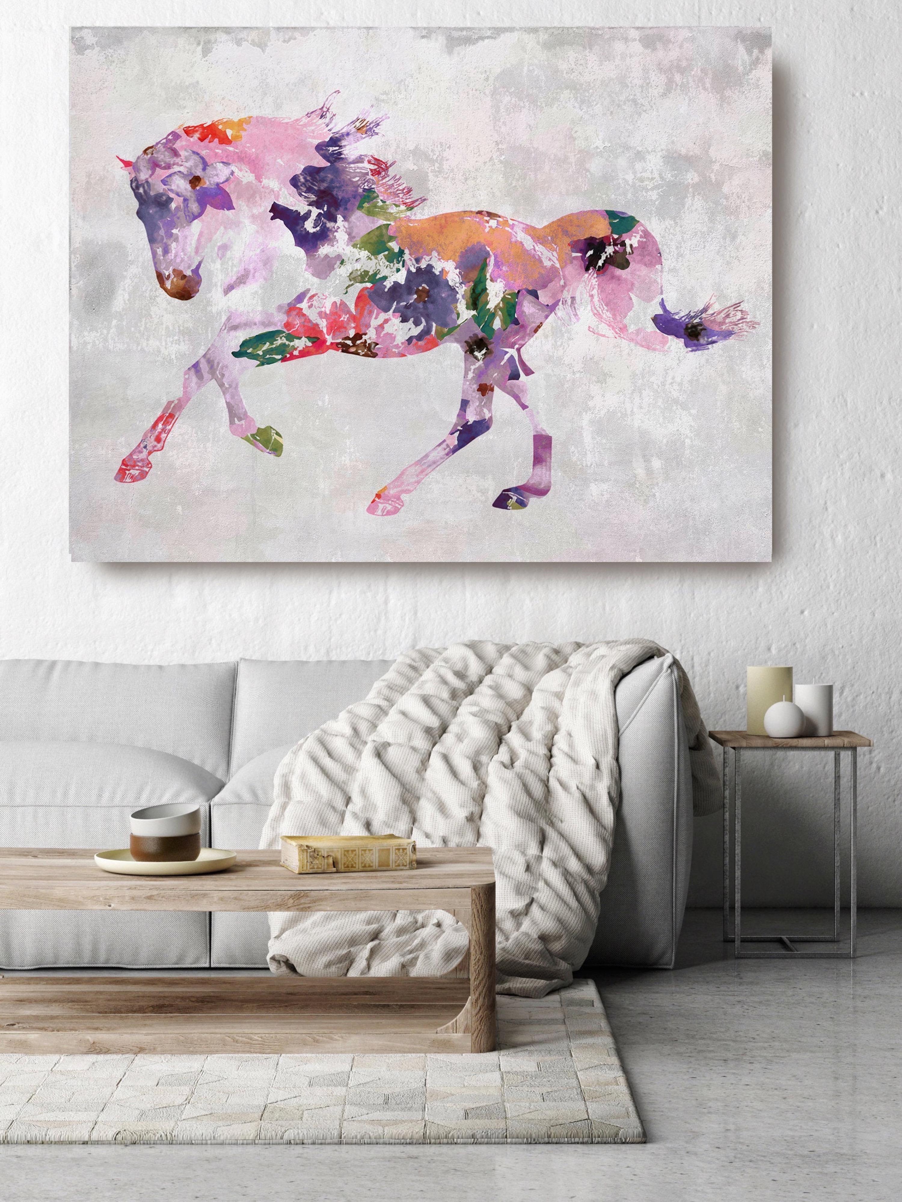 Painted Horse Colorful Floral BOHO Fine Art Hand Embellished Giclee on Canvas - Mixed Media Art by Irena Orlov