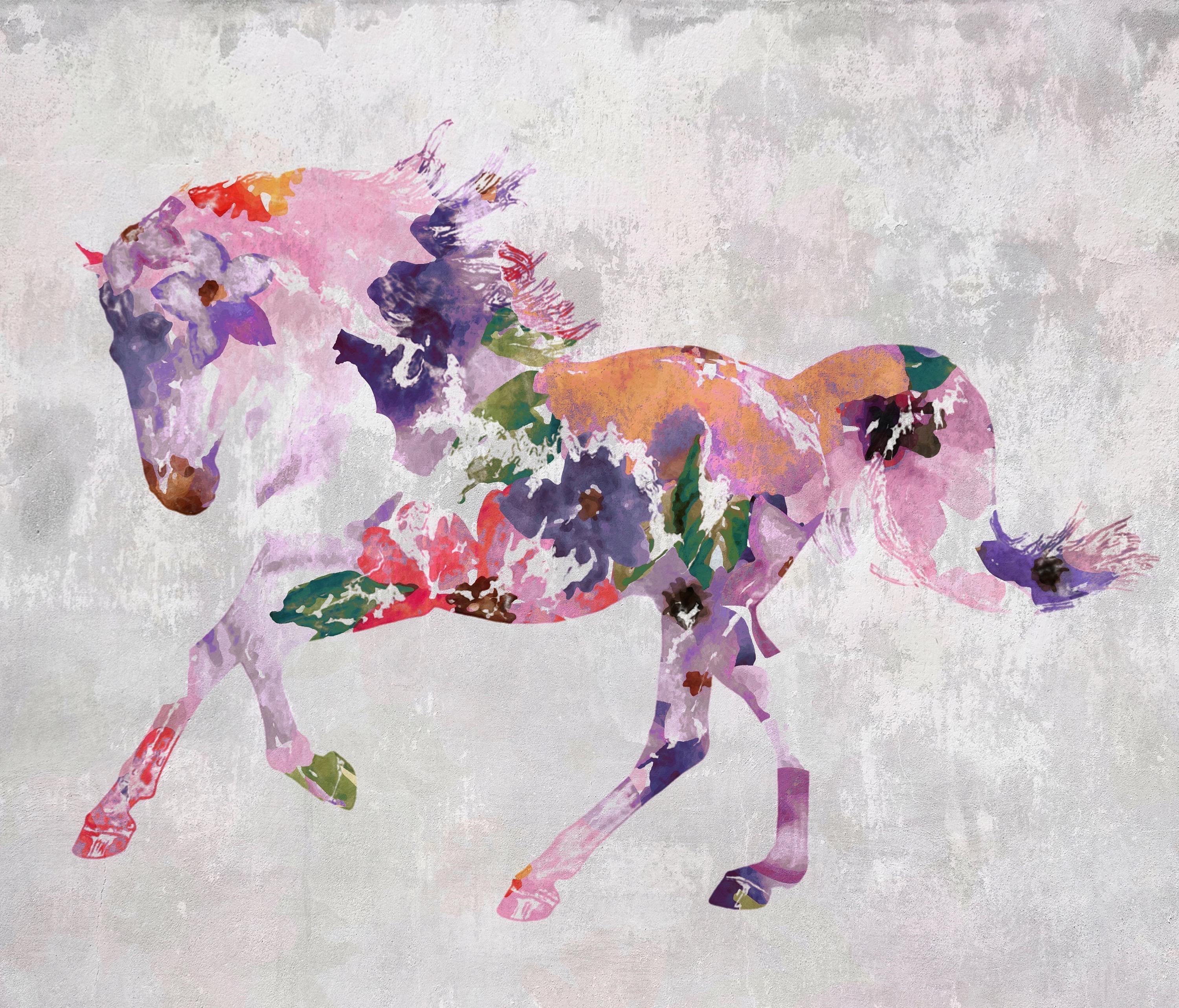 Painted Horse Colorful Floral BOHO Fine Art Hand Embellished Giclee on Canvas - Contemporary Mixed Media Art by Irena Orlov