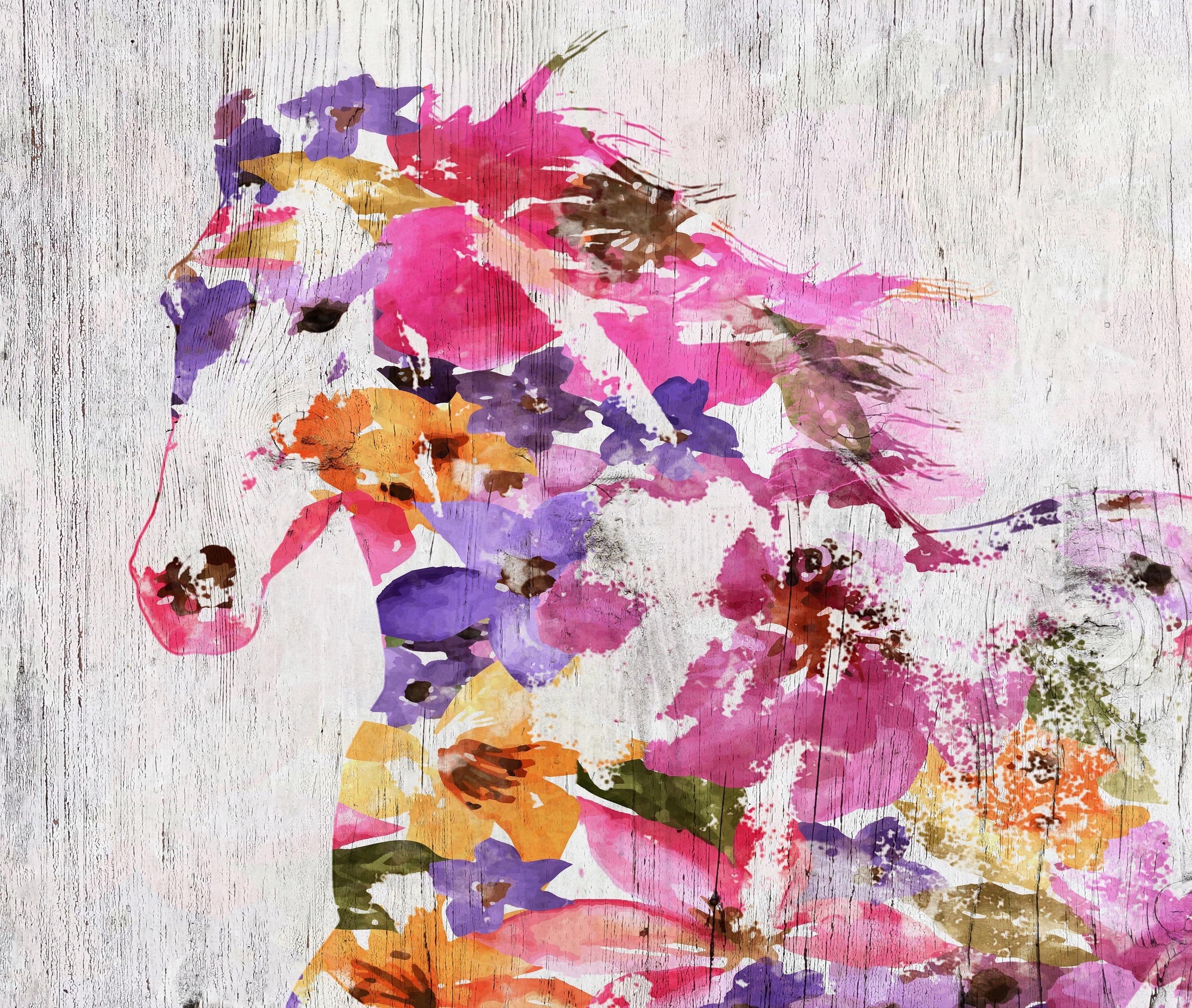 Irena Orlov Animal Painting - Floral Farm Horse BOHO Fine Art Hand Embellished Giclee on Canvas