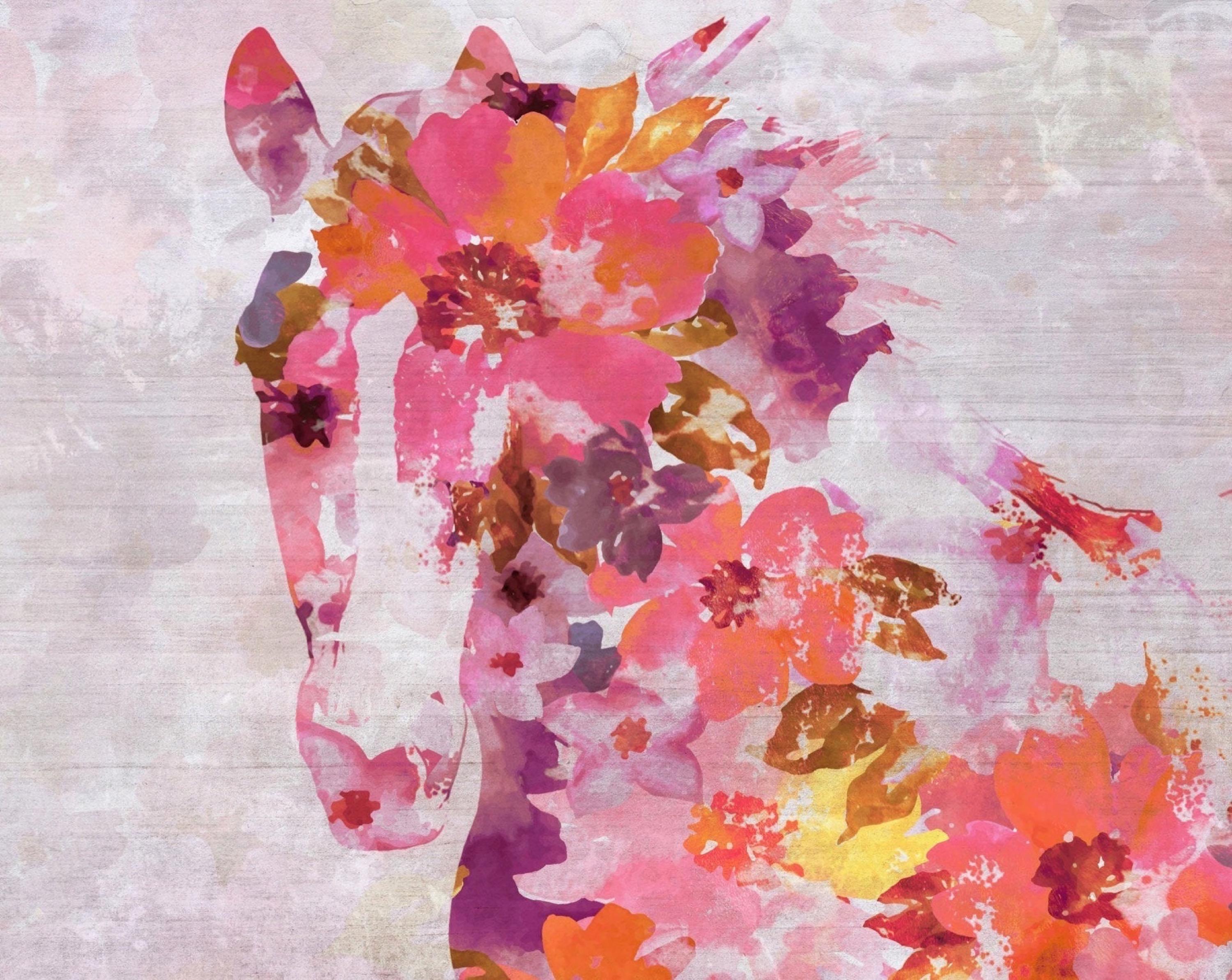 Vivid Floral Horse, BOHO Horse Fine Art Hand Embellished Giclee on Canvas - Mixed Media Art by Irena Orlov