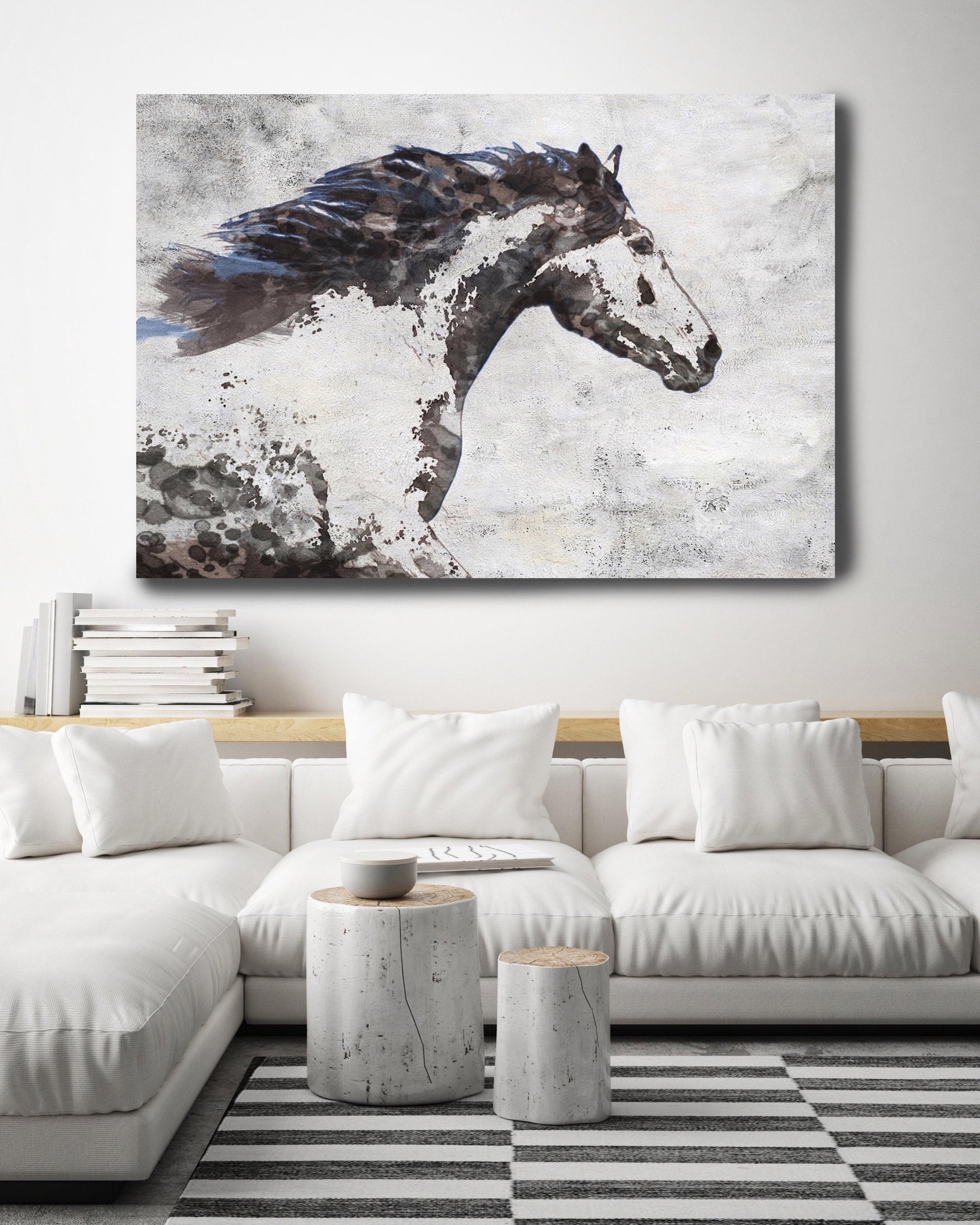 Brown Blue Majestic Horse Fine Art Hand Embellished Giclee on Canvas 60 x 40" - Mixed Media Art by Irena Orlov