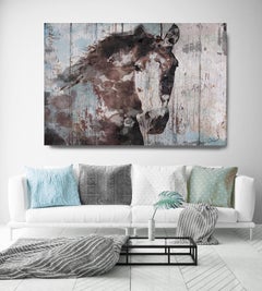 Wild Blue Horse Rustic Farmhouse Mixed Media Painting on Canvas 40h x 60"w