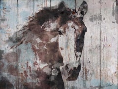 Wild Blue Horse Rustic Farmhouse Mixed Media Painting on Canvas 40h x 60"w