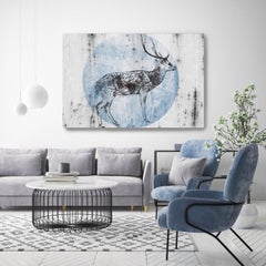 Blue Wild Deer Hand Embellished Fine Art Painting Giclee on Canvas
