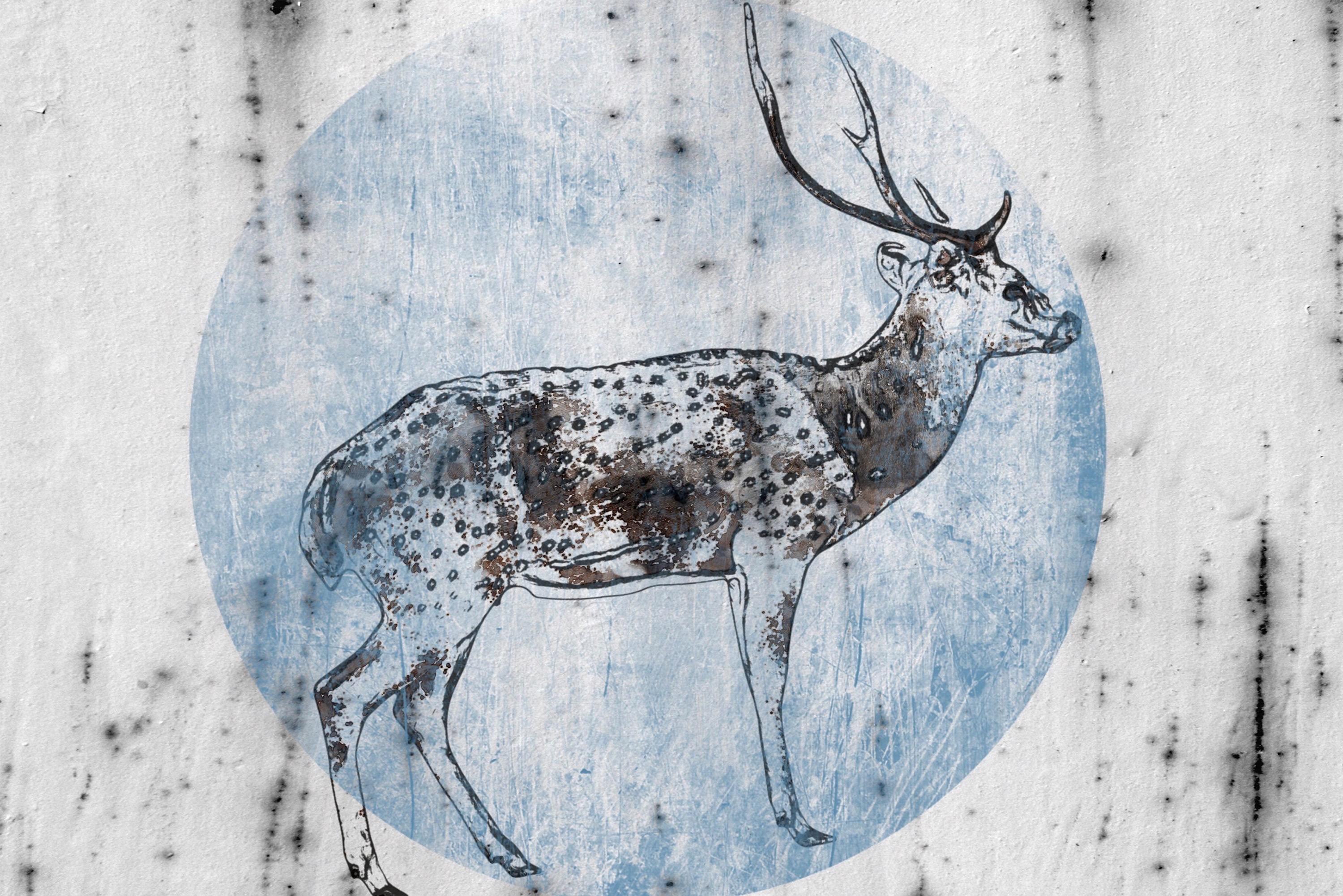 Blue Wild Deer Hand Embellished Fine Art Painting Giclee on Canvas  - Gray Animal Painting by Irena Orlov