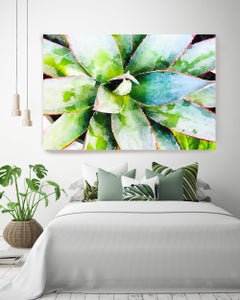 Elegant Succulent Green Succulent Painting Hand Embellished Giclee Art on Canvas