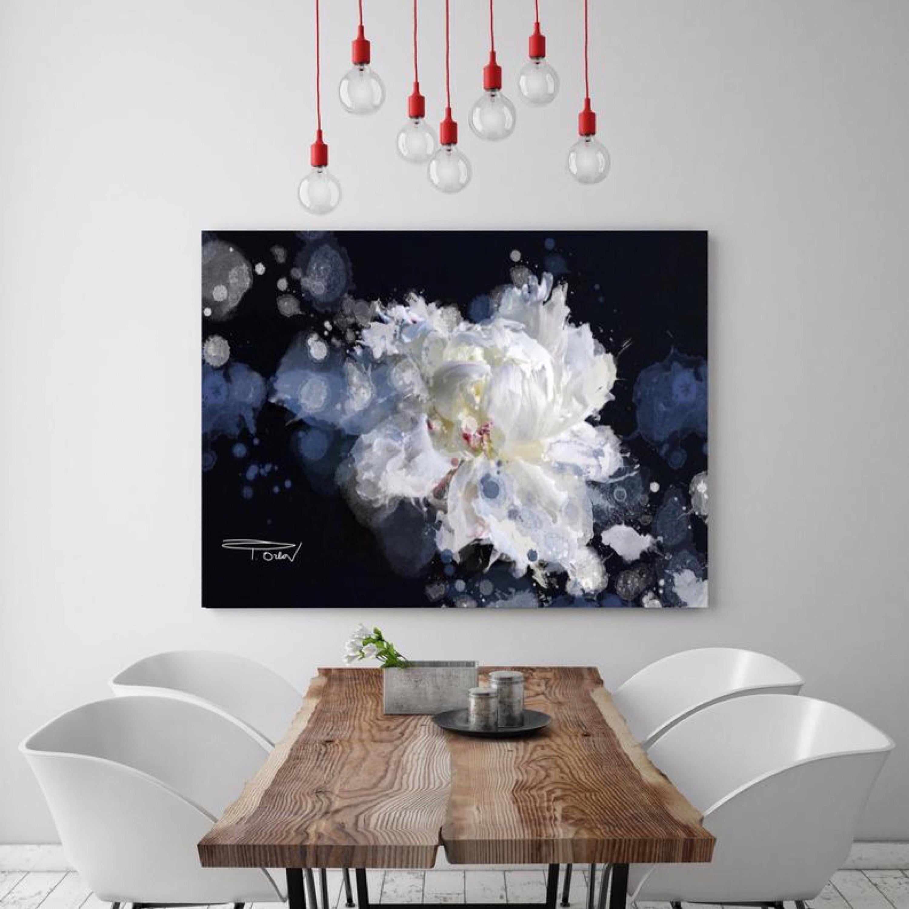 Breathless, Blue Black White Floral Painting Hand Embellished Giclee on Canvas  - Mixed Media Art by Irena Orlov