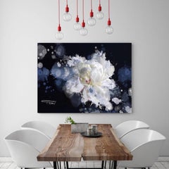 Breathless, Blue Black White Floral Painting Hand Embellished Giclee on Canvas 