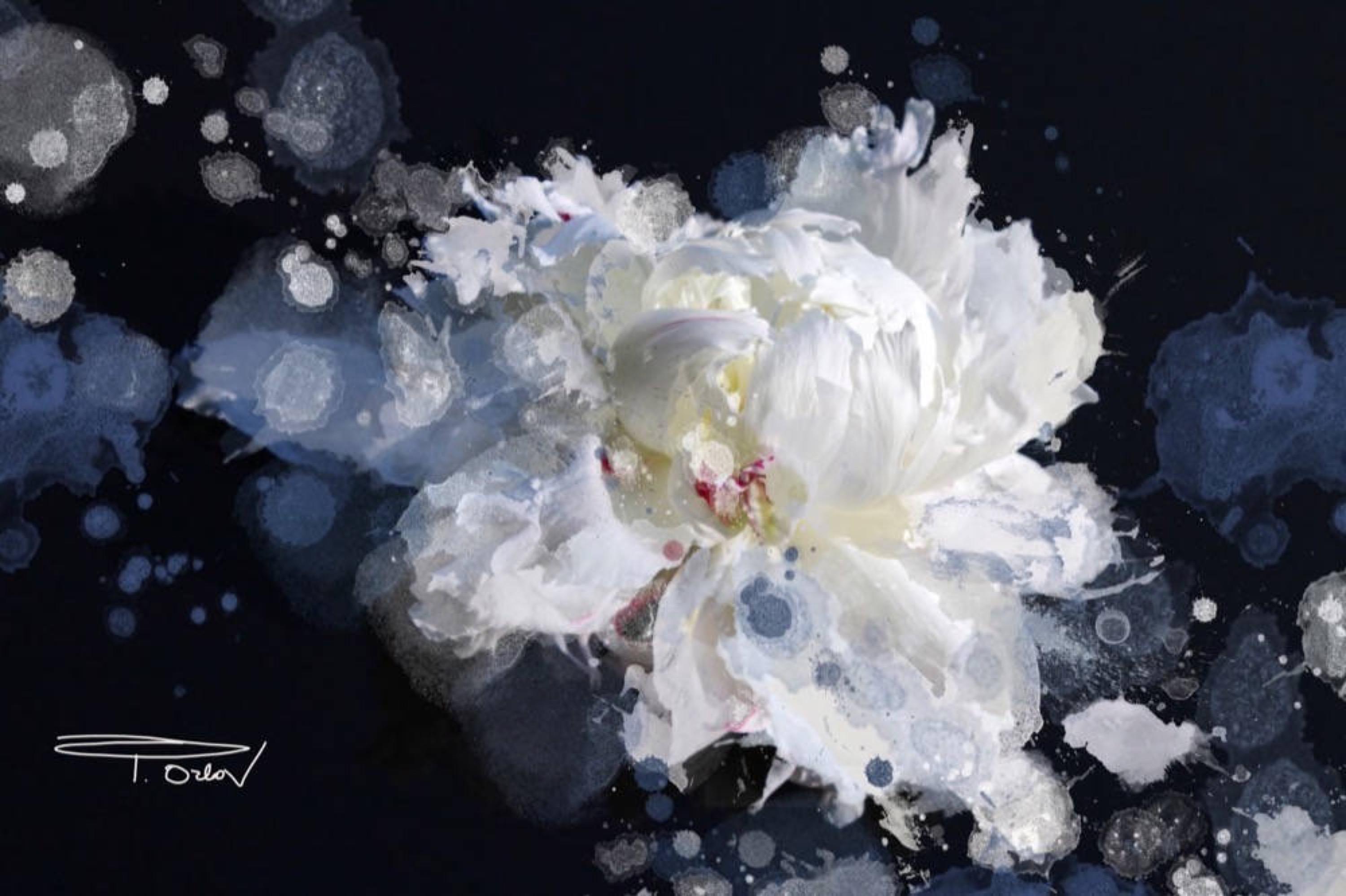 Breathless, Blue Black White Floral Painting Hand Embellished Giclee on Canvas  - Contemporary Mixed Media Art by Irena Orlov