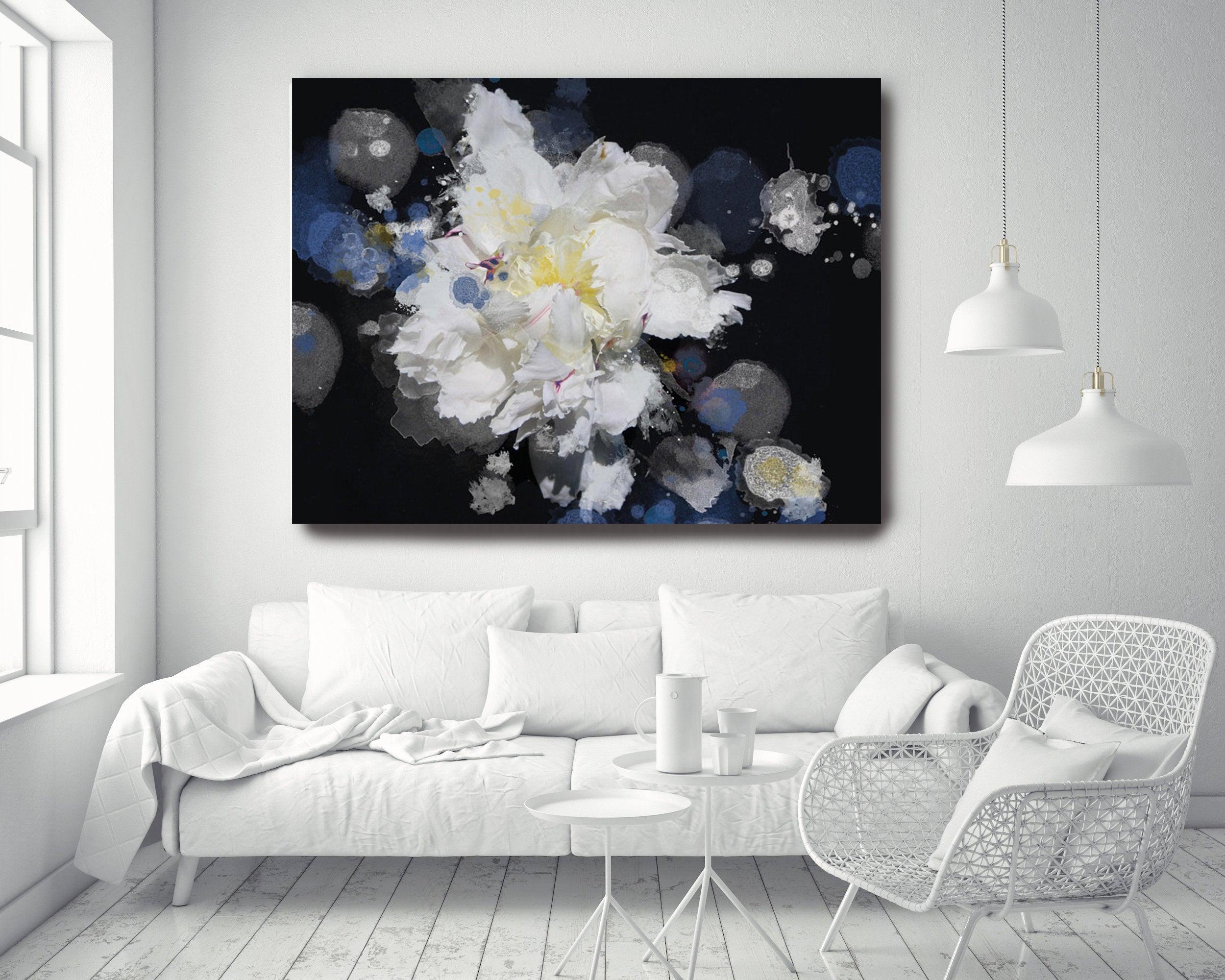 Irena Orlov Still-Life Painting - Breathless 3 Blue Black White Floral Painting Hand Embellished Giclee on Canvas 