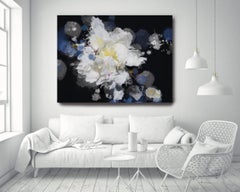 Breathless 3 Blue Black White Floral Painting Hand Embellished Giclee on Canvas 