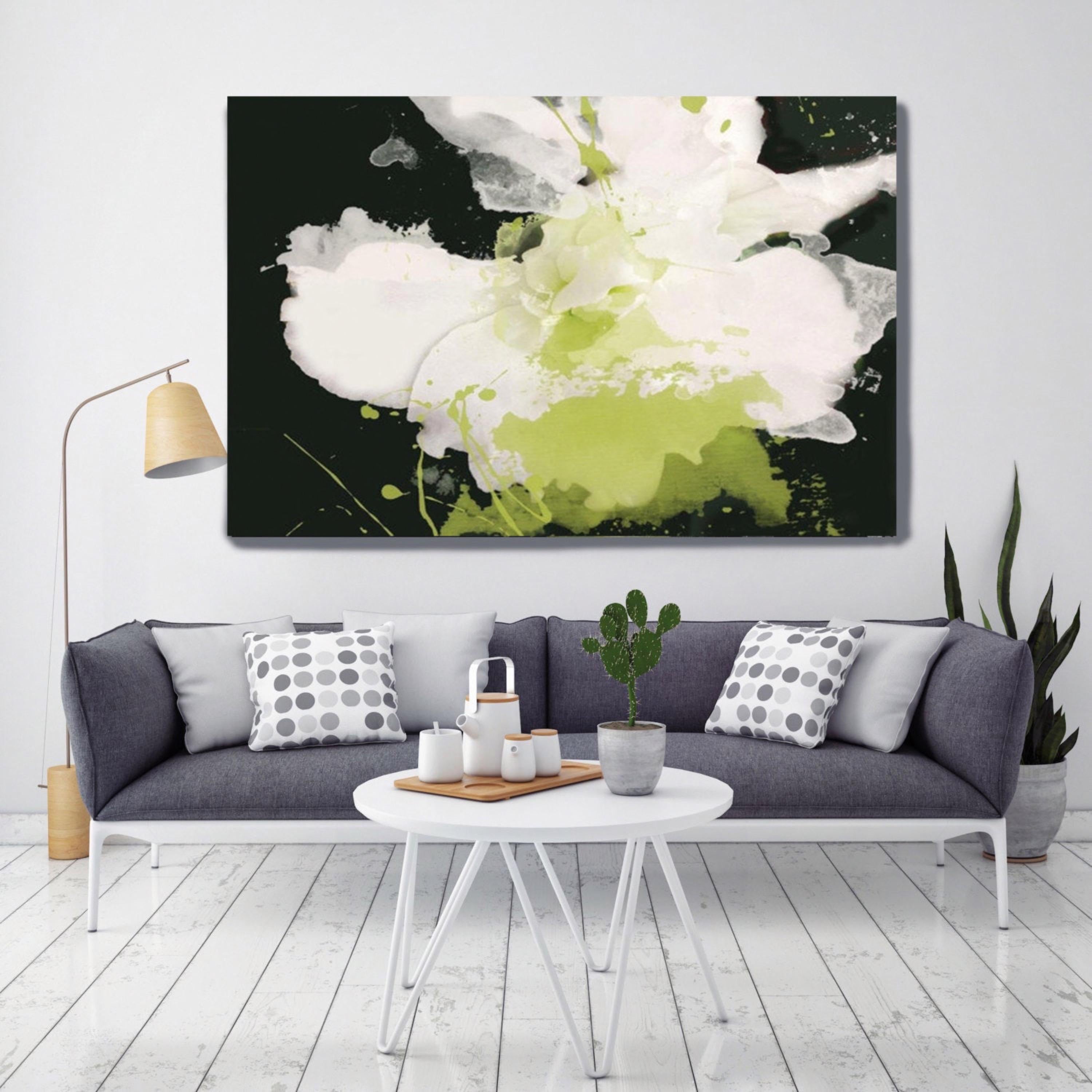 Serene Green Black White Floral Painting Hand Embellished Giclee on Canvas  - Mixed Media Art by Irena Orlov