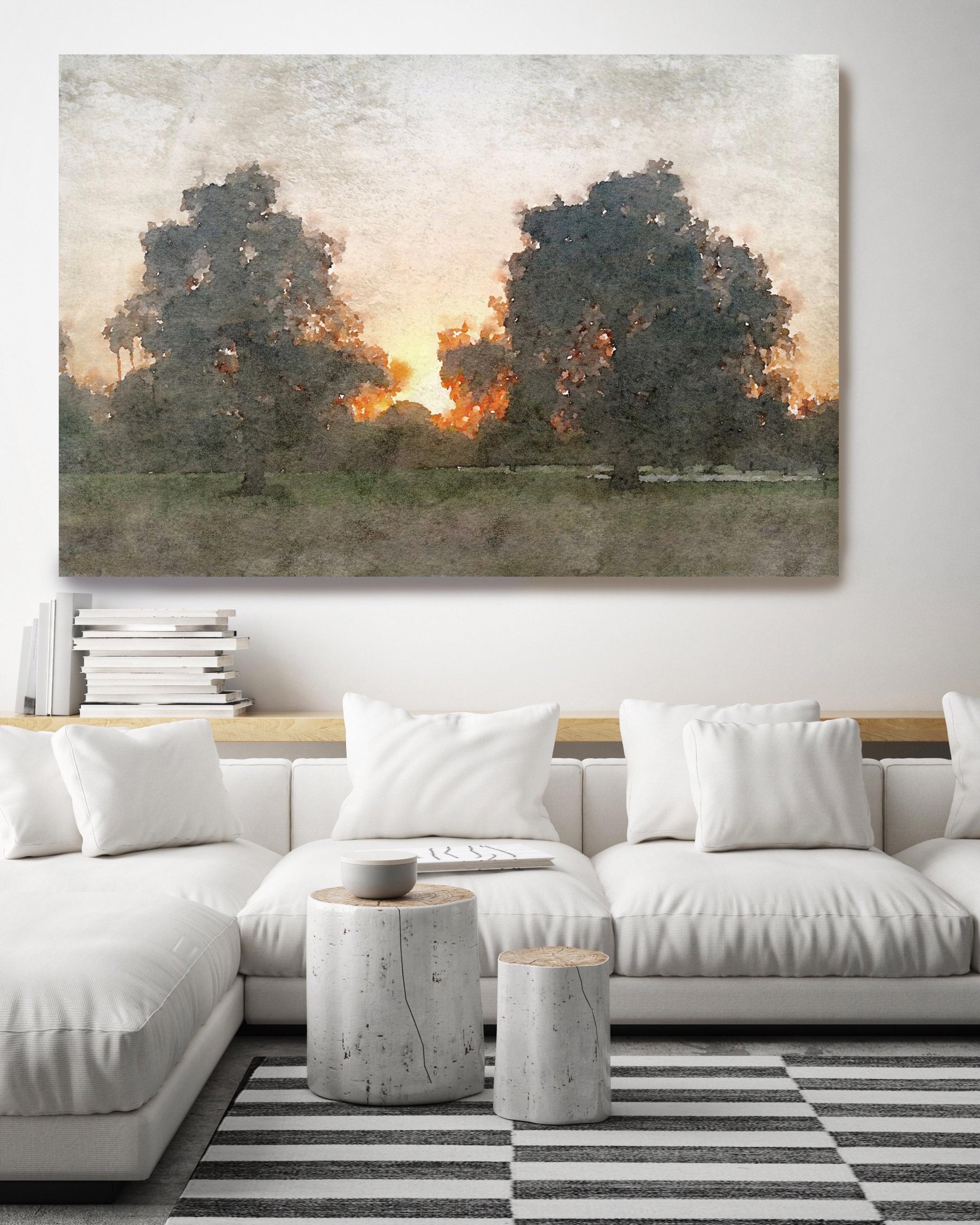 Rural Landscape In The Foggy Rustic Painting Hand Embellished Giclee on Canvas - Gray Landscape Painting by Irena Orlov