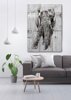 ELEPHANT Portrait Rustic Grey Fine Art Hand Embellished Giclee on Canvas 60x40"