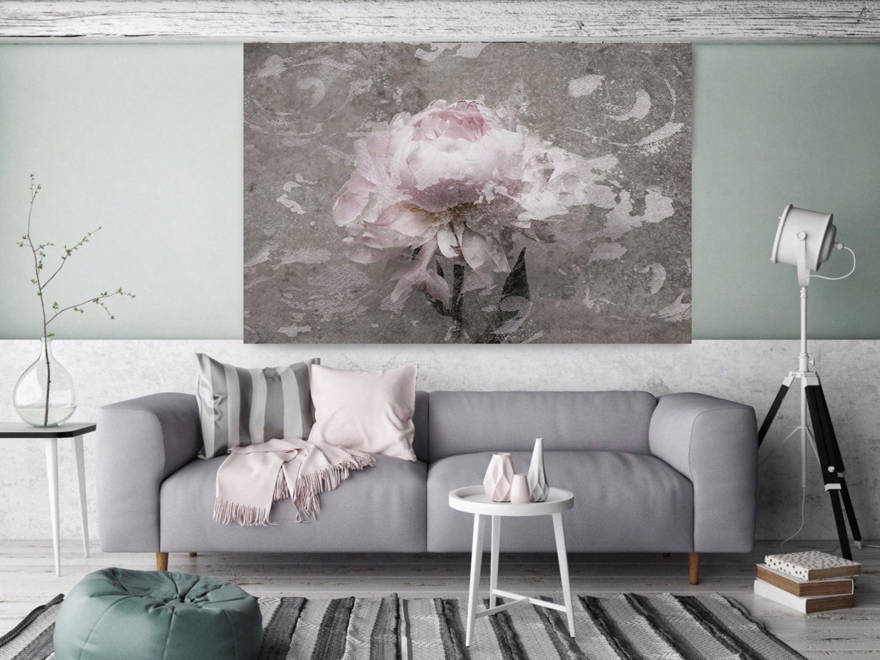 Blush Gray Spring Peony 2 Shabby Painting Hand Embellished Giclee on Canvas - Contemporary Mixed Media Art by Irena Orlov