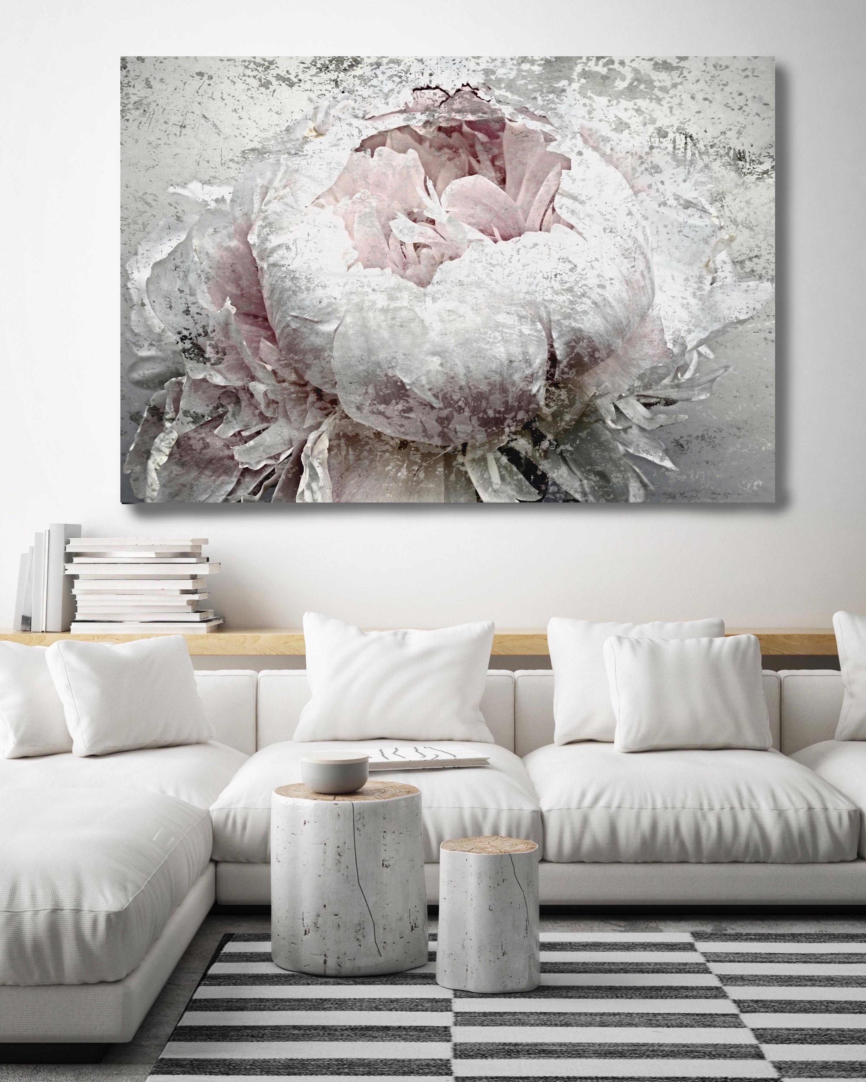 French Passion Peony, Silver Pink Painting Hand Embellished Giclee on Canvas - Gray Still-Life Painting by Irena Orlov