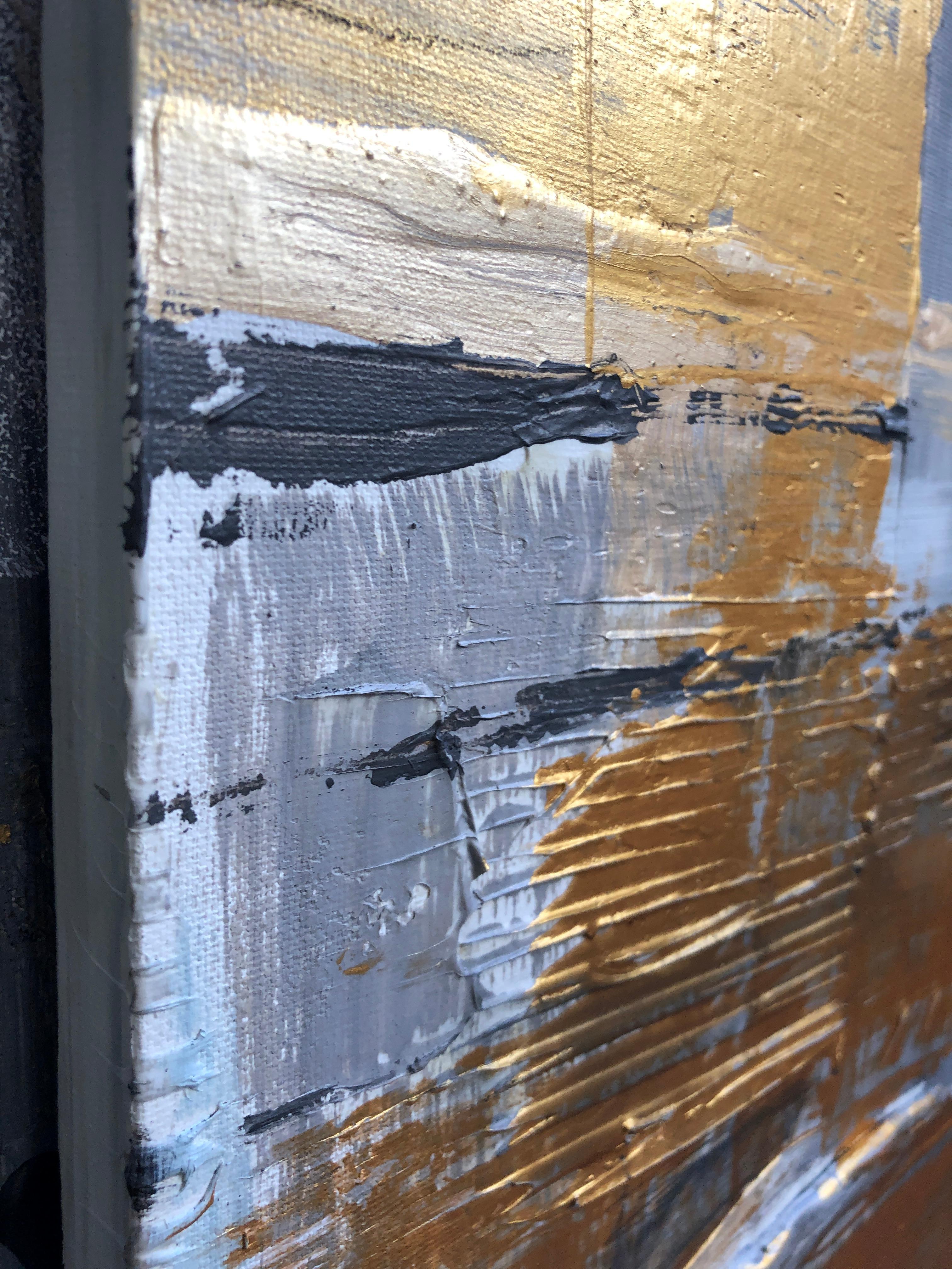 Gold Grey Mixed Media on Canvas: Acrylic Stucco, Modeling Paste Heavy Texture  - Gray Interior Painting by Irena Orlov