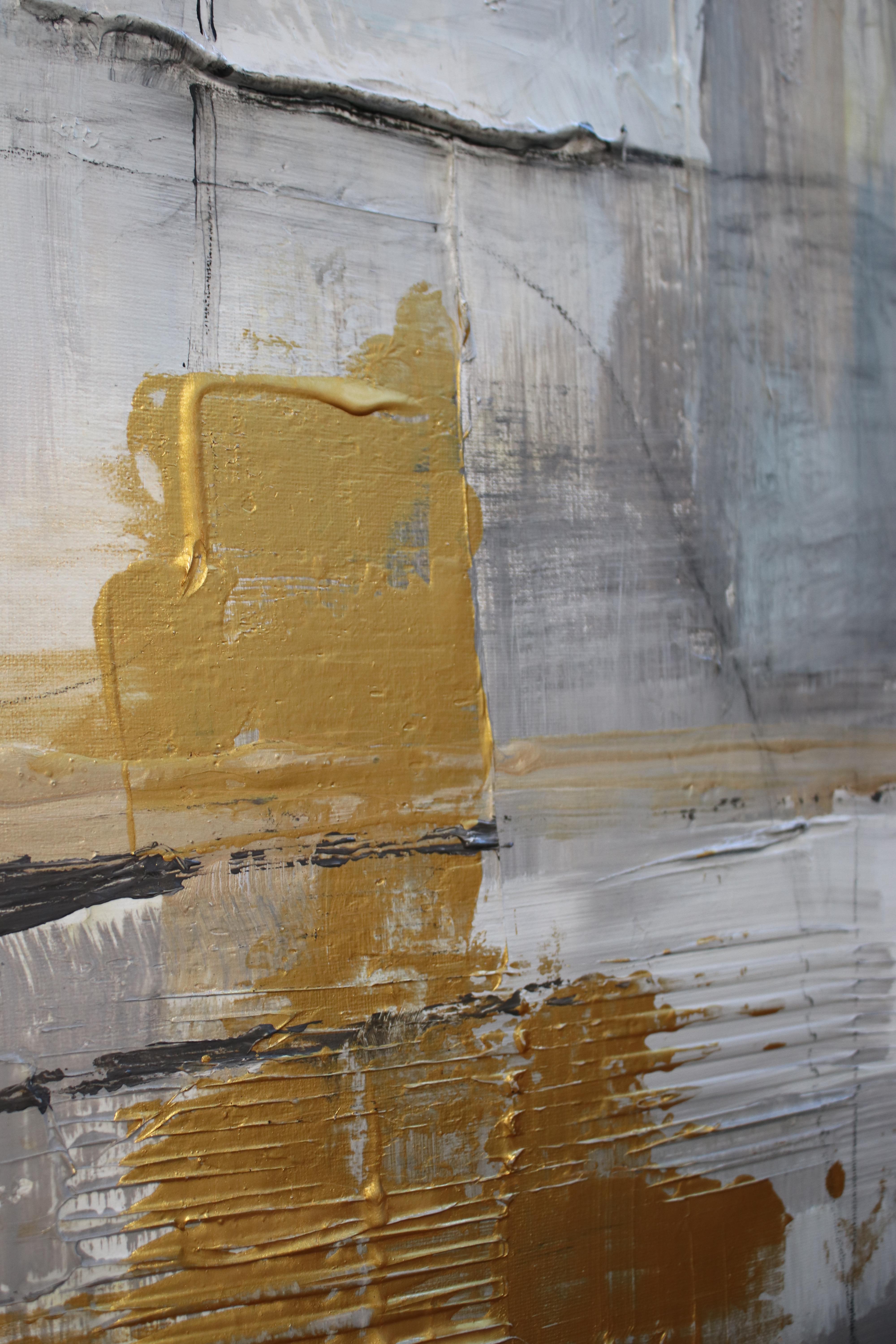 Gold Grey Mixed Media on Canvas: Acrylic Stucco, Modeling Paste Heavy Texture  - Abstract Painting by Irena Orlov