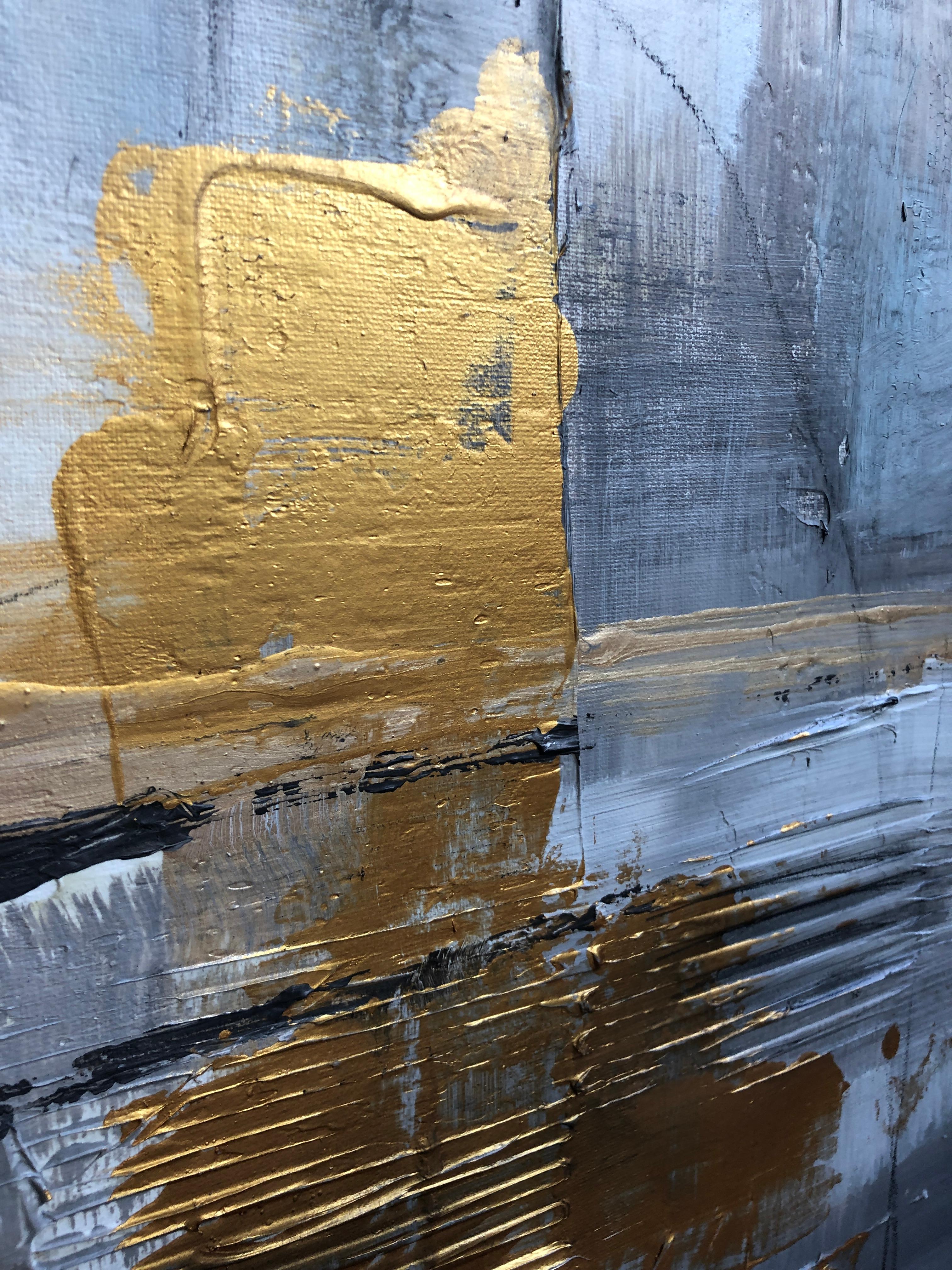 Gold Grey Mixed Media on Canvas: Acrylic Stucco, Modeling Paste Heavy Texture  1