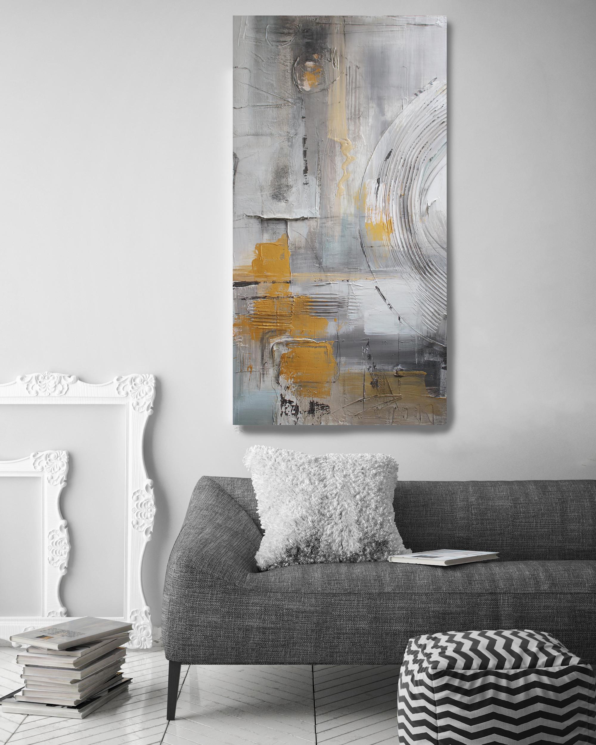 Gold Grey Mixed Media on Canvas: Acrylic Stucco, Modeling Paste Heavy Texture  - Painting by Irena Orlov