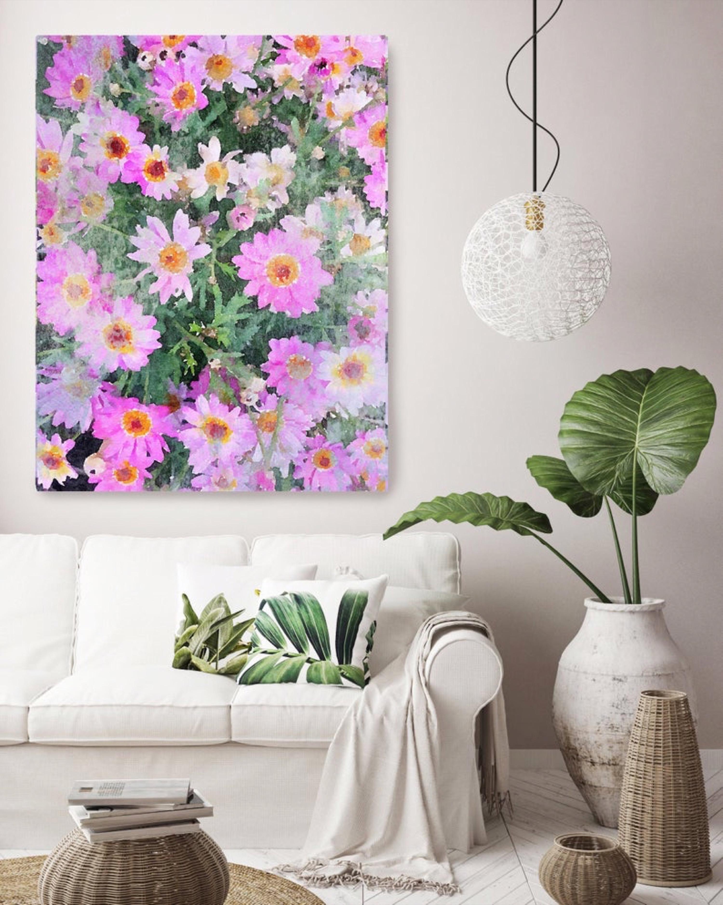 A Garden in Bloom Hot Pink Floral Painting Hand Embellished Giclee on Canvas  - Gray Landscape Painting by Irena Orlov