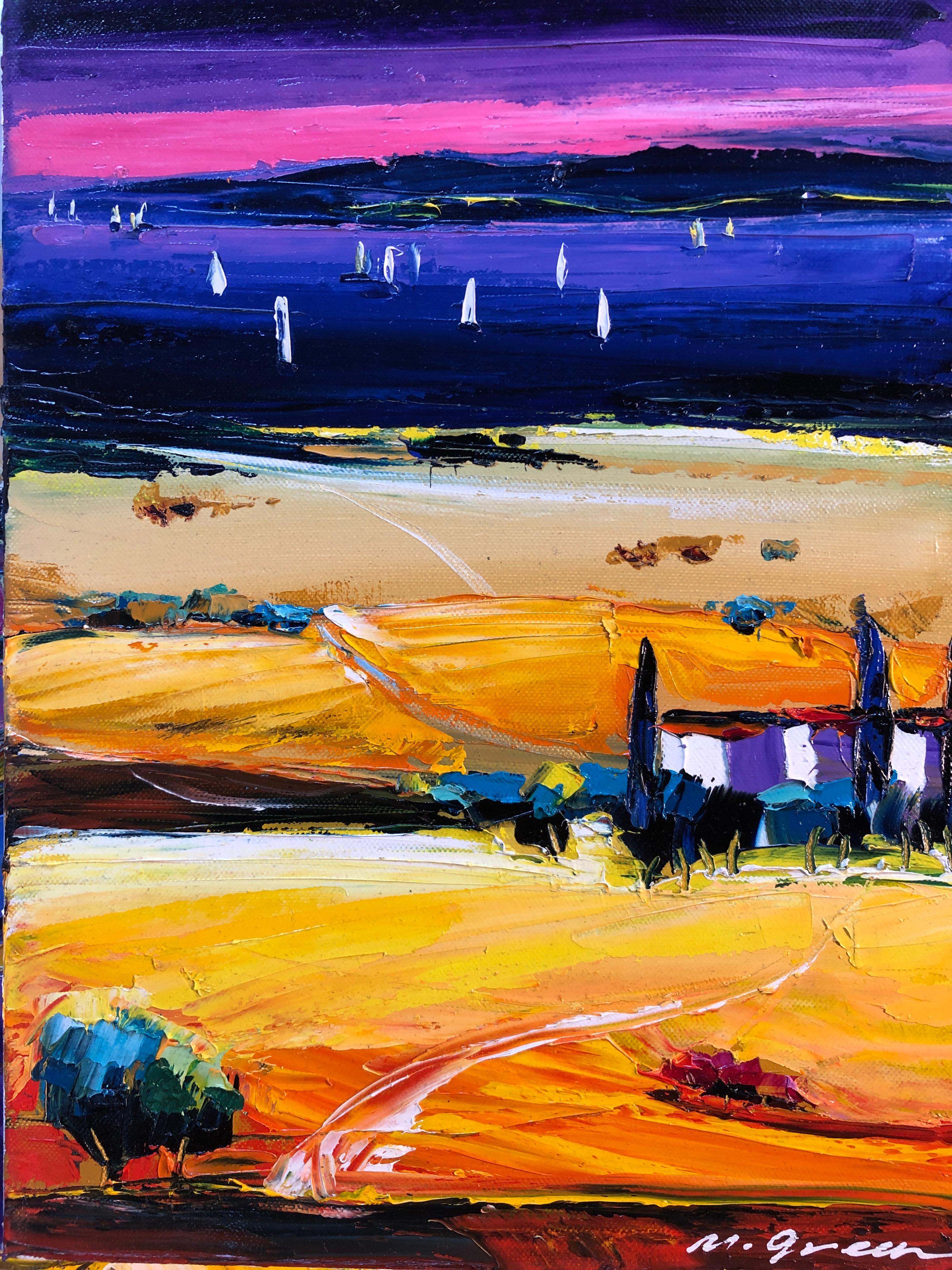 Maya Green Seascape Painting Oil on Canvas Palette Knife 16x12" Maya