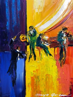 Jazz Painting Oil on Canvas Palette Knife 14 x 10" The Maestro, Maya Green