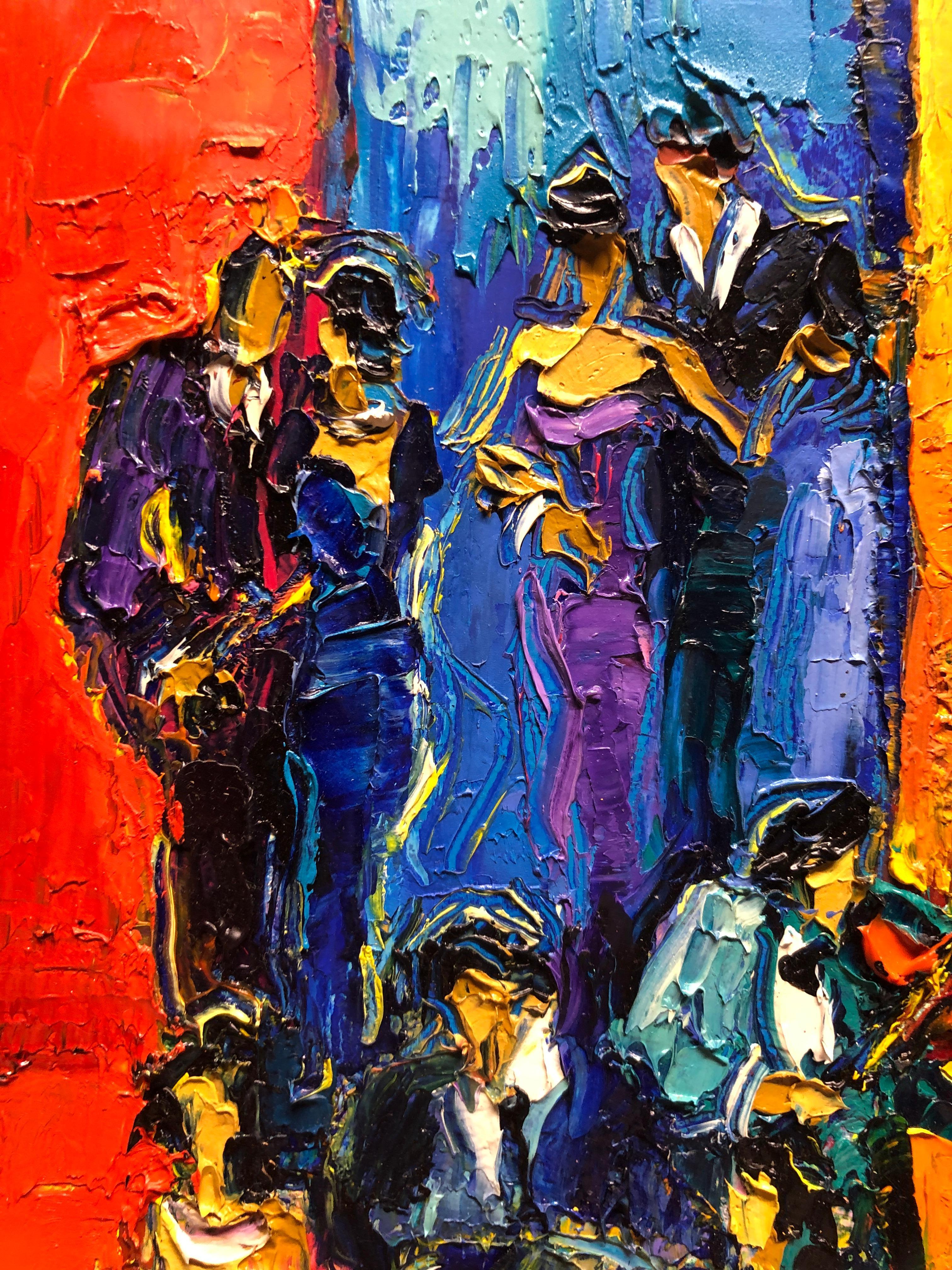 The painting is oil on canvas and painted with a pallet knife. 
Jazz Cafe Oil Painting Palette Knife 14 x 10