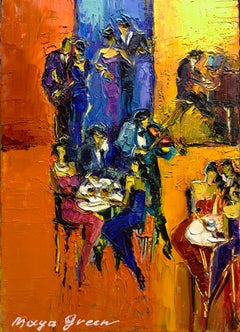 Jazz Cafe Oil Painting Palette Knife 14 x 10" Summer Night Romantic, Maya Green