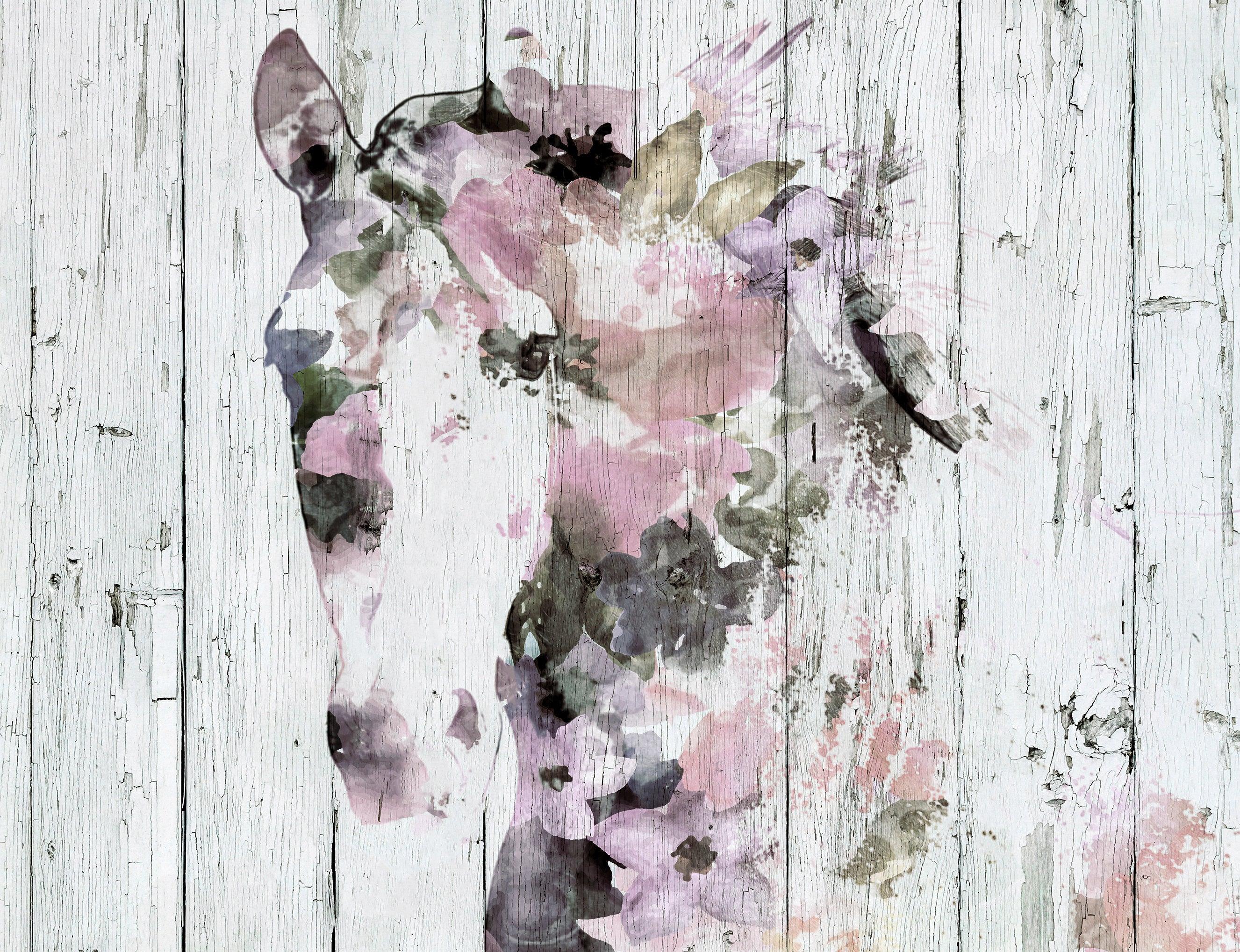 Peinture technique mixte sur toile « Horse Farmhouse » rose, violette et blanche 122 x 91 cm