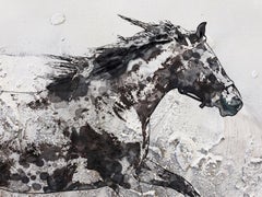 Running Horse White Black Mixed Media Painting on Canvas 48 x 36" (cheval courant:: blanc:: noir)